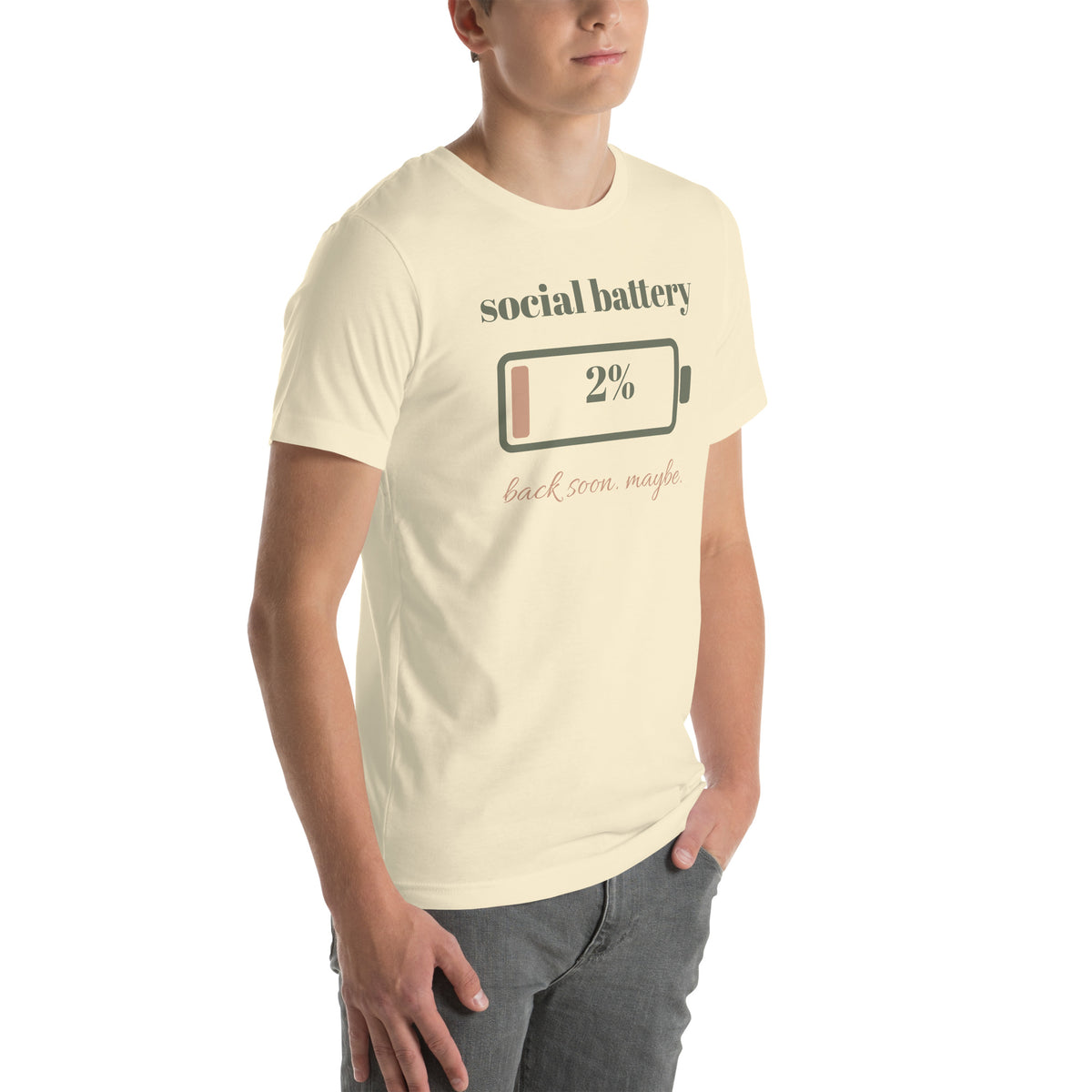 Social Battery Tee in Natural, worn by a model, three-quarter view from the right