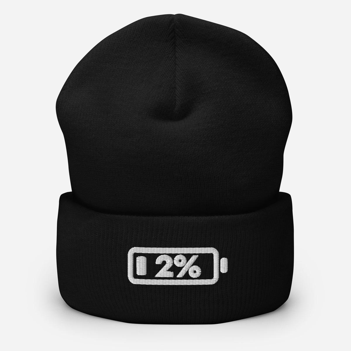 Social Battery Beanie in black, a 2% battery stitched in white on the cuff