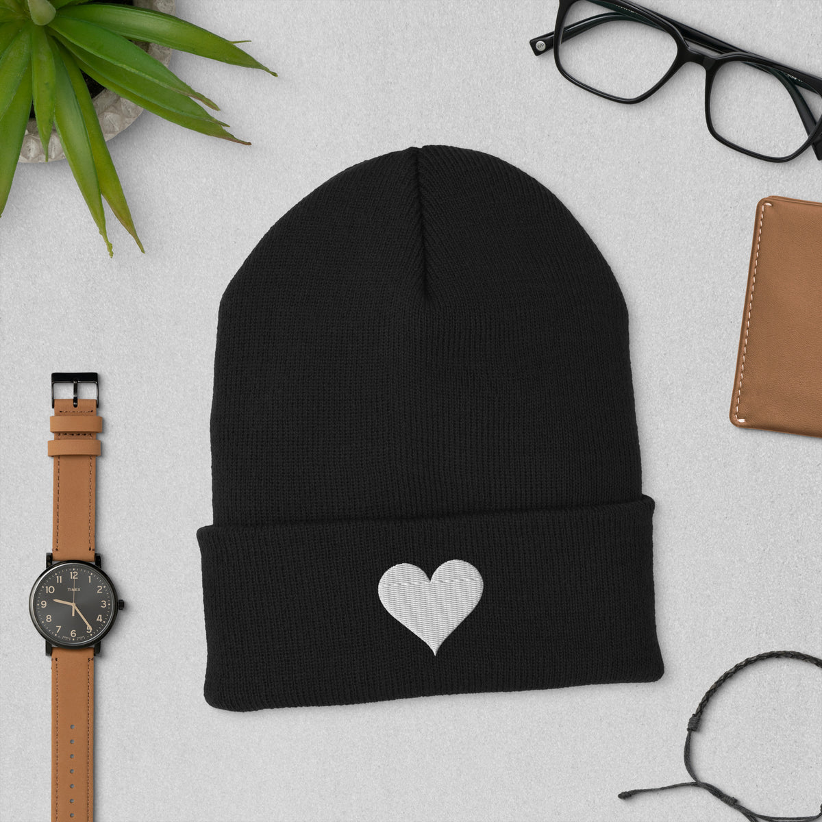 Soft Heart Beanie in black, laid flat