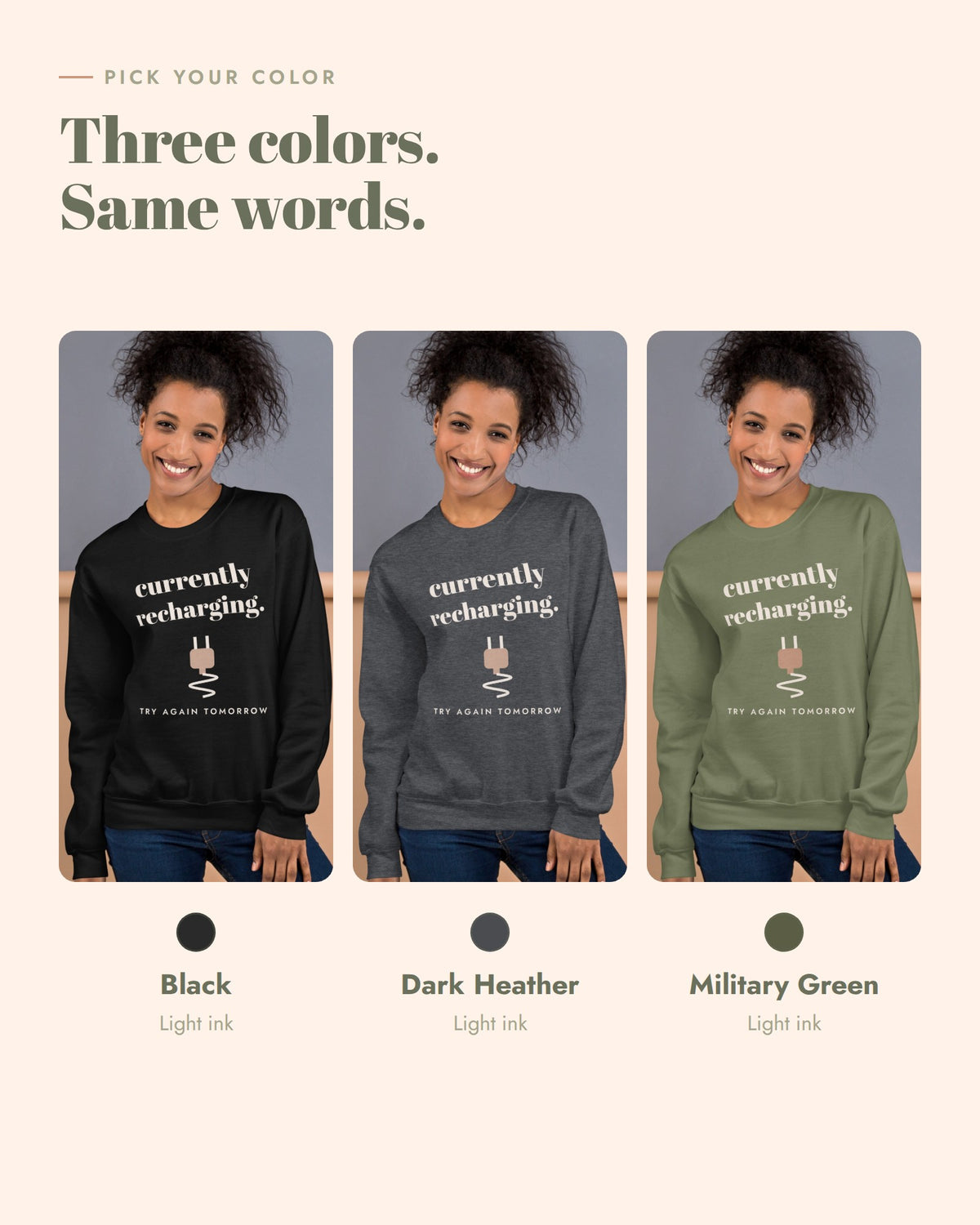 Currently Recharging Crewneck, Black, Dark Heather, Military Green