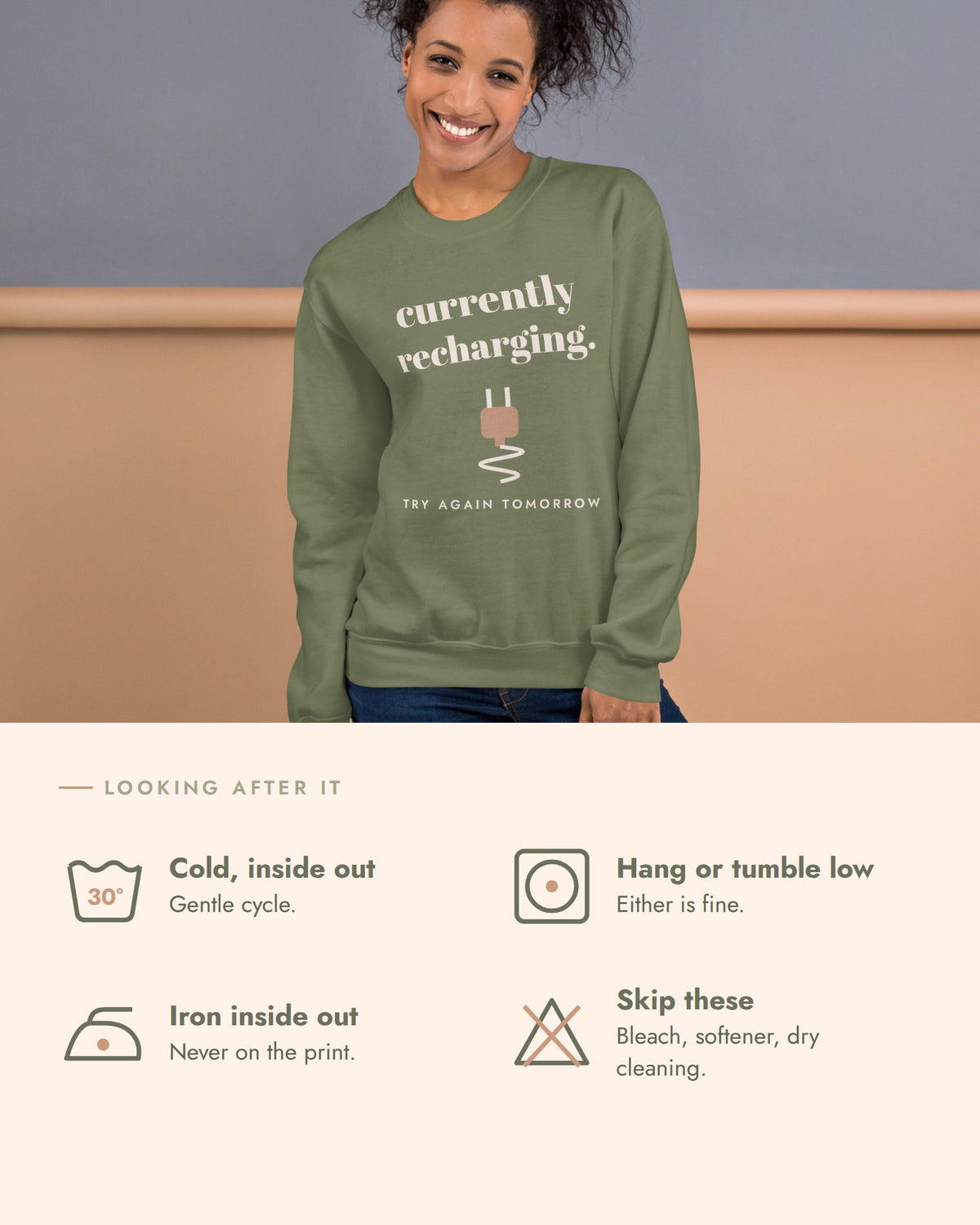 Currently Recharging Crewneck, care, wash cold inside out, hang dry or tumble low, iron inside out