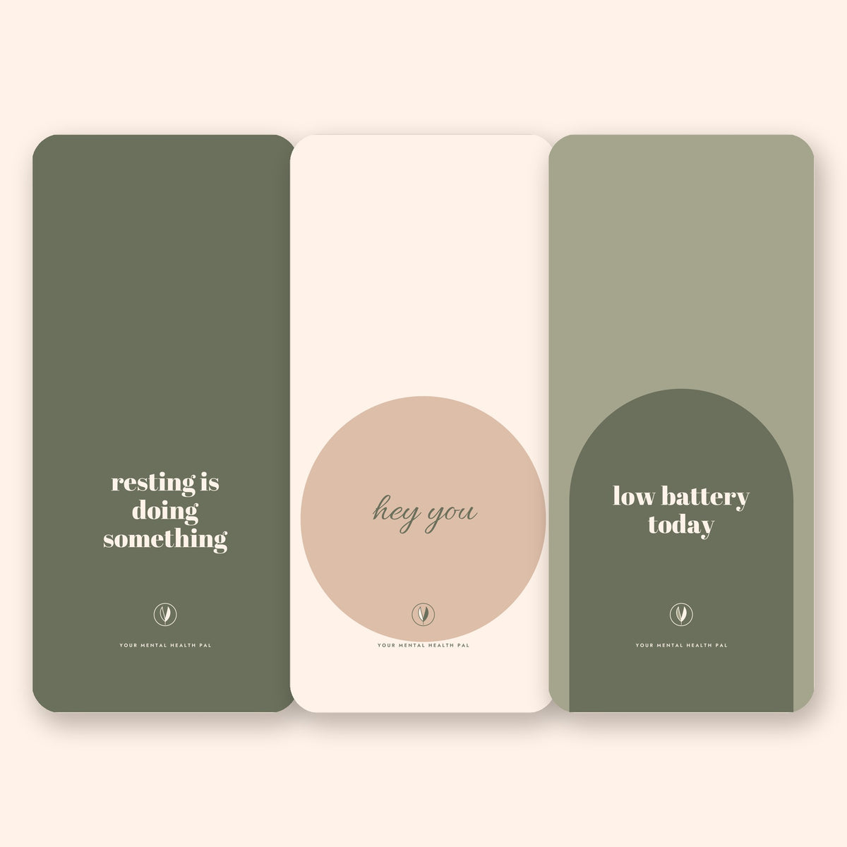 Three of the twelve phone lock screens: resting is doing something, hey you, and low battery today
