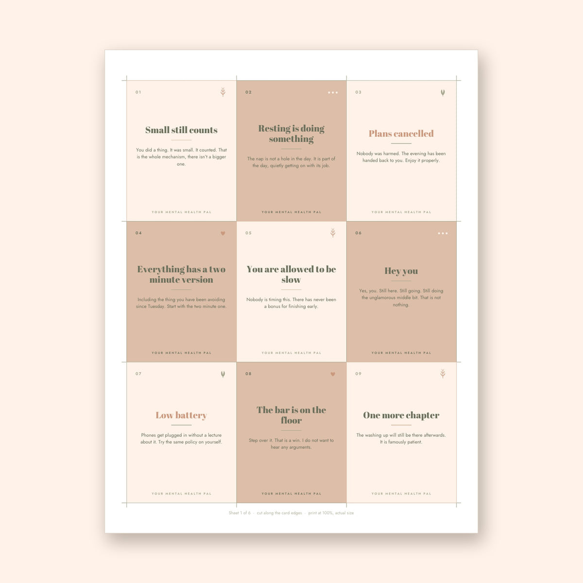 A printable sheet of nine Pocket Pep-Talk Cards with cut marks