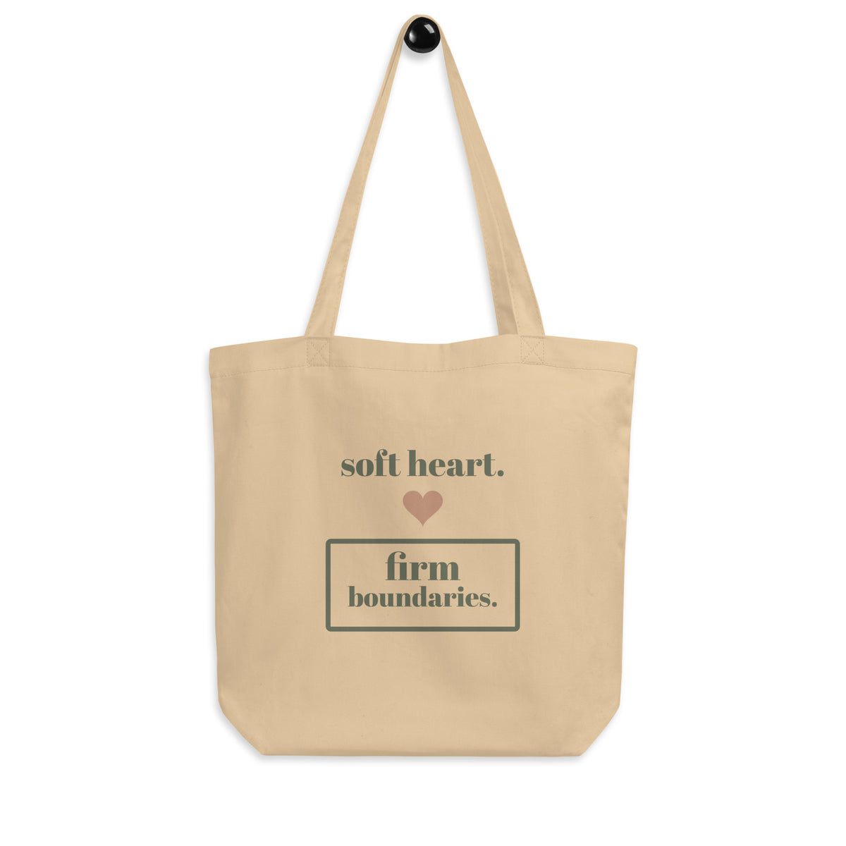 Soft Heart, Firm Boundaries Tote in natural oyster, front view, hanging flat