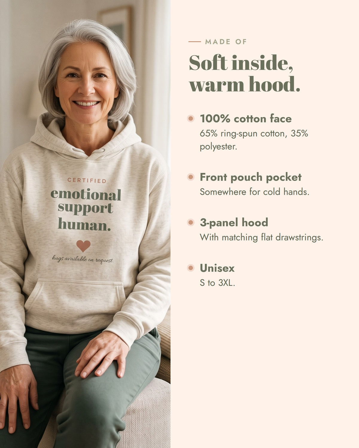 Emotional Support Human Hoodie, 100% cotton face, 65% ring-spun cotton and 35% polyester, front pouch pocket, 3-panel hood