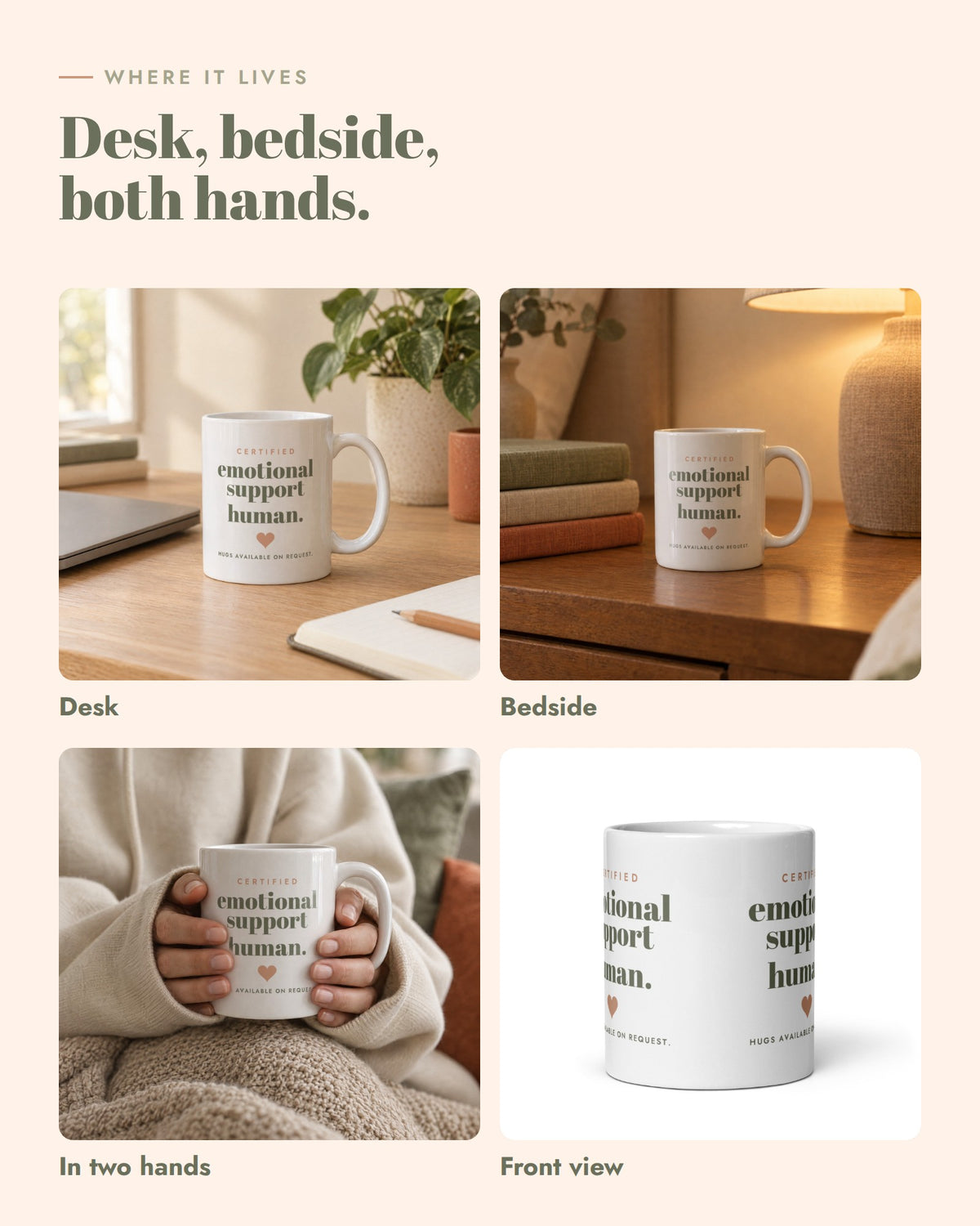 Emotional Support Human Mug, on a desk, by the bed and in two hands