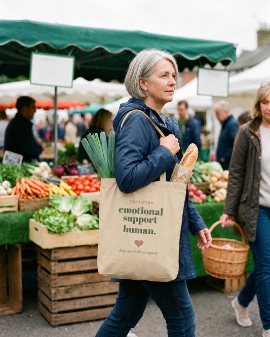 Emotional Support Human Tote, carried at a farmers market