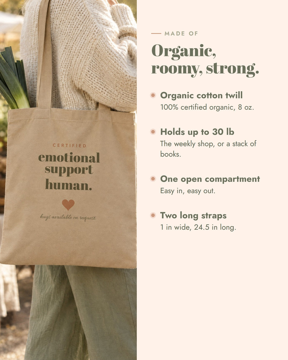 Emotional Support Human Tote, certified organic cotton twill, 8 oz, 16 x 14.5 x 5 in, holds up to 30 lb