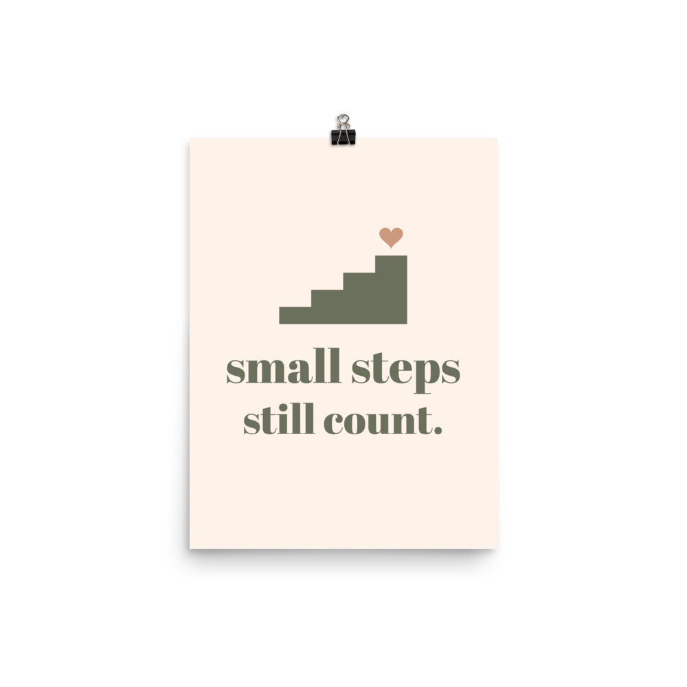 Small Steps Still Count Print, 12 x 16 in matte wall print: a small staircase with a heart, small steps still count