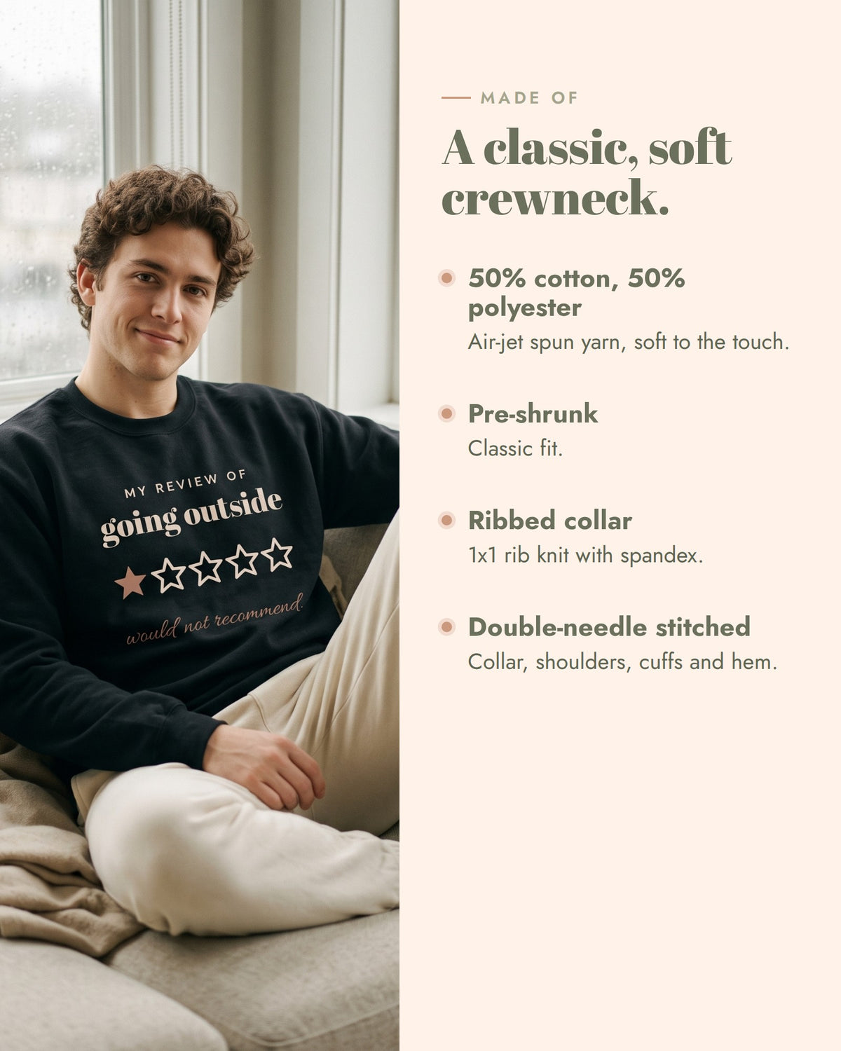 Going Outside, One Star Crewneck, 50% cotton, 50% polyester, pre-shrunk, classic fit, ribbed collar, double-needle stitched