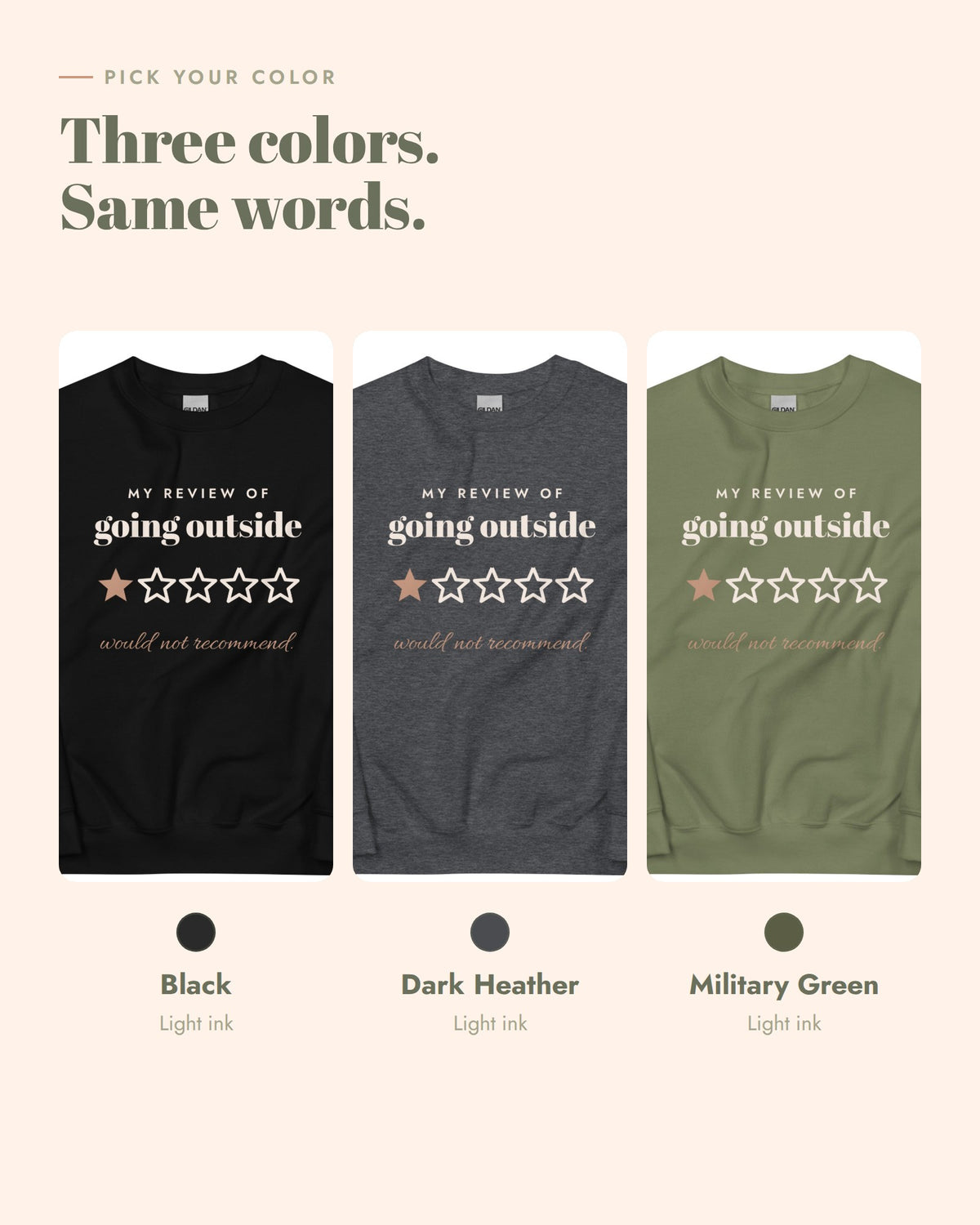 Going Outside, One Star Crewneck, Black, Dark Heather, Military Green