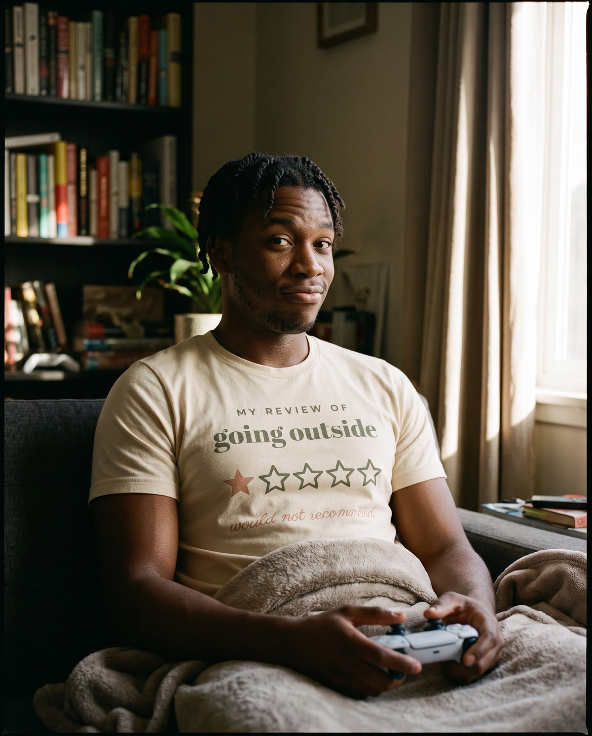 Going Outside, One Star Tee, worn on the sofa with the curtains drawn