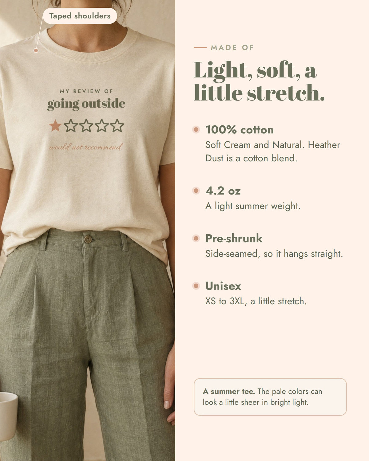 Going Outside, One Star Tee, made of 100% cotton in Soft Cream and Natural, 4.2 oz, pre-shrunk, taped shoulders