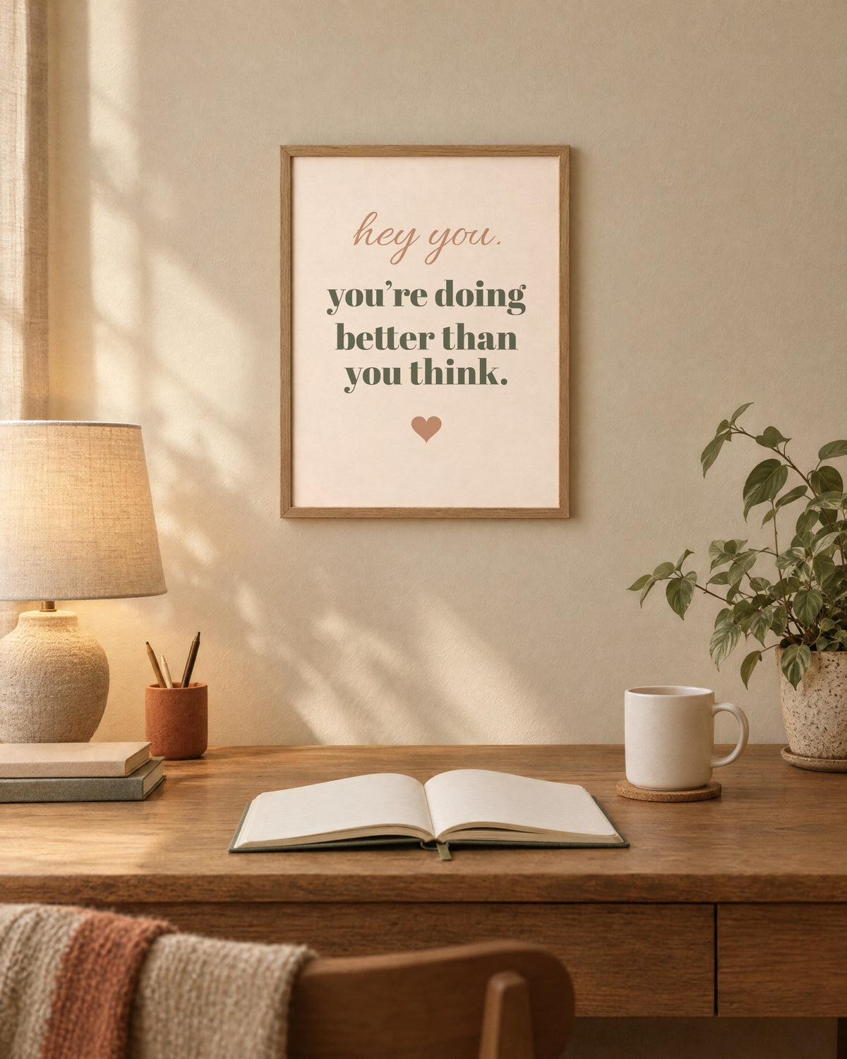 Hey You Print, 12 x 16 in matte print, shown framed above a desk (frame not included)