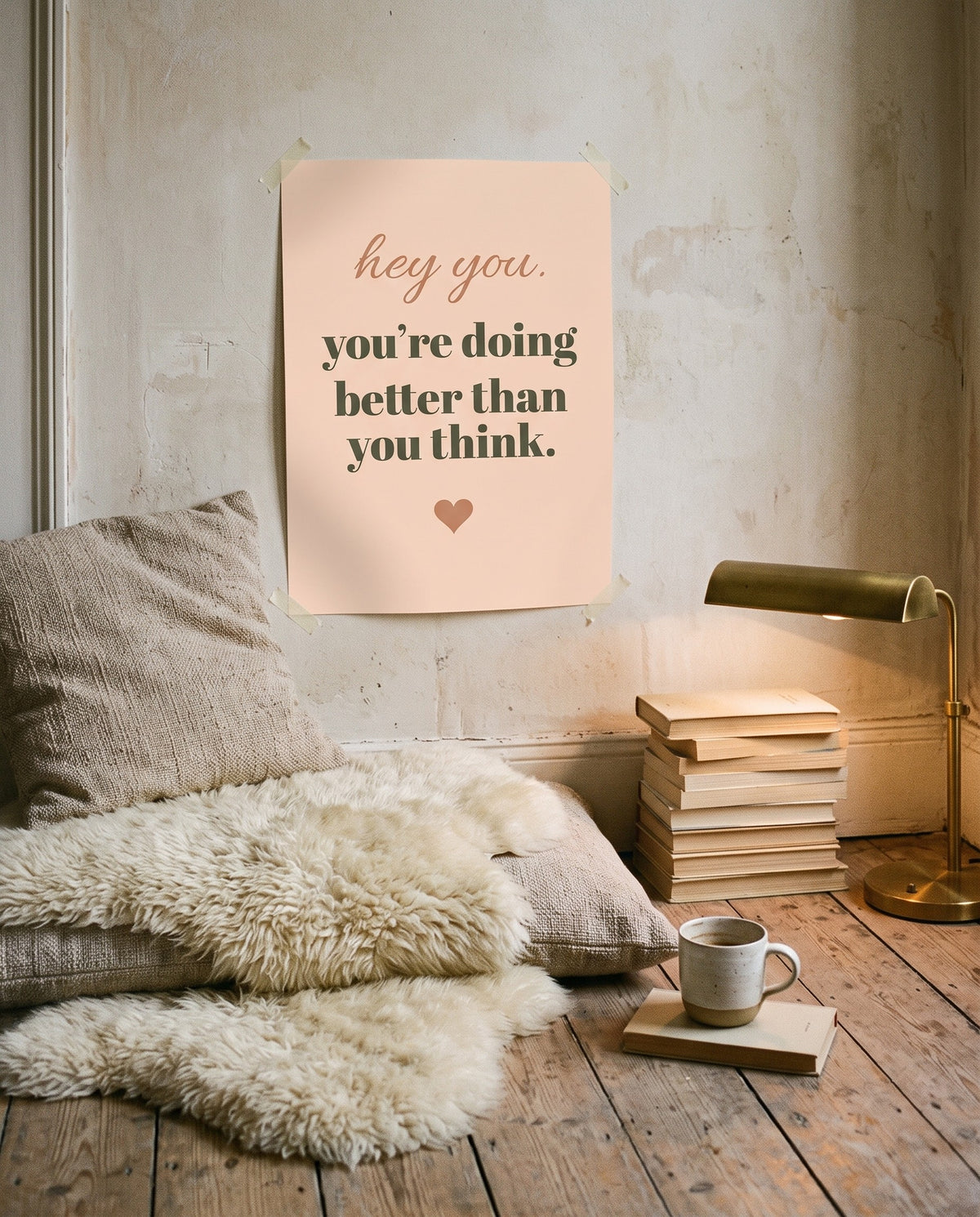 Hey You Print, unframed, taped above a reading corner
