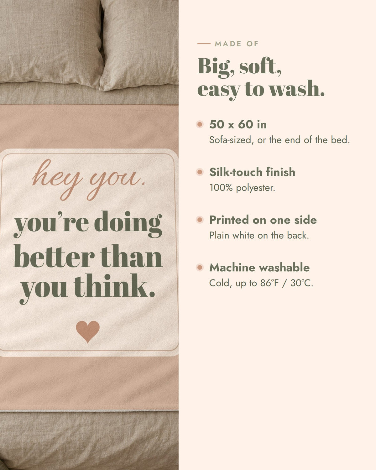 Hey You Throw, 50 x 60 in, 100% polyester with a silk-touch finish, printed on one side, white on the back, machine washable