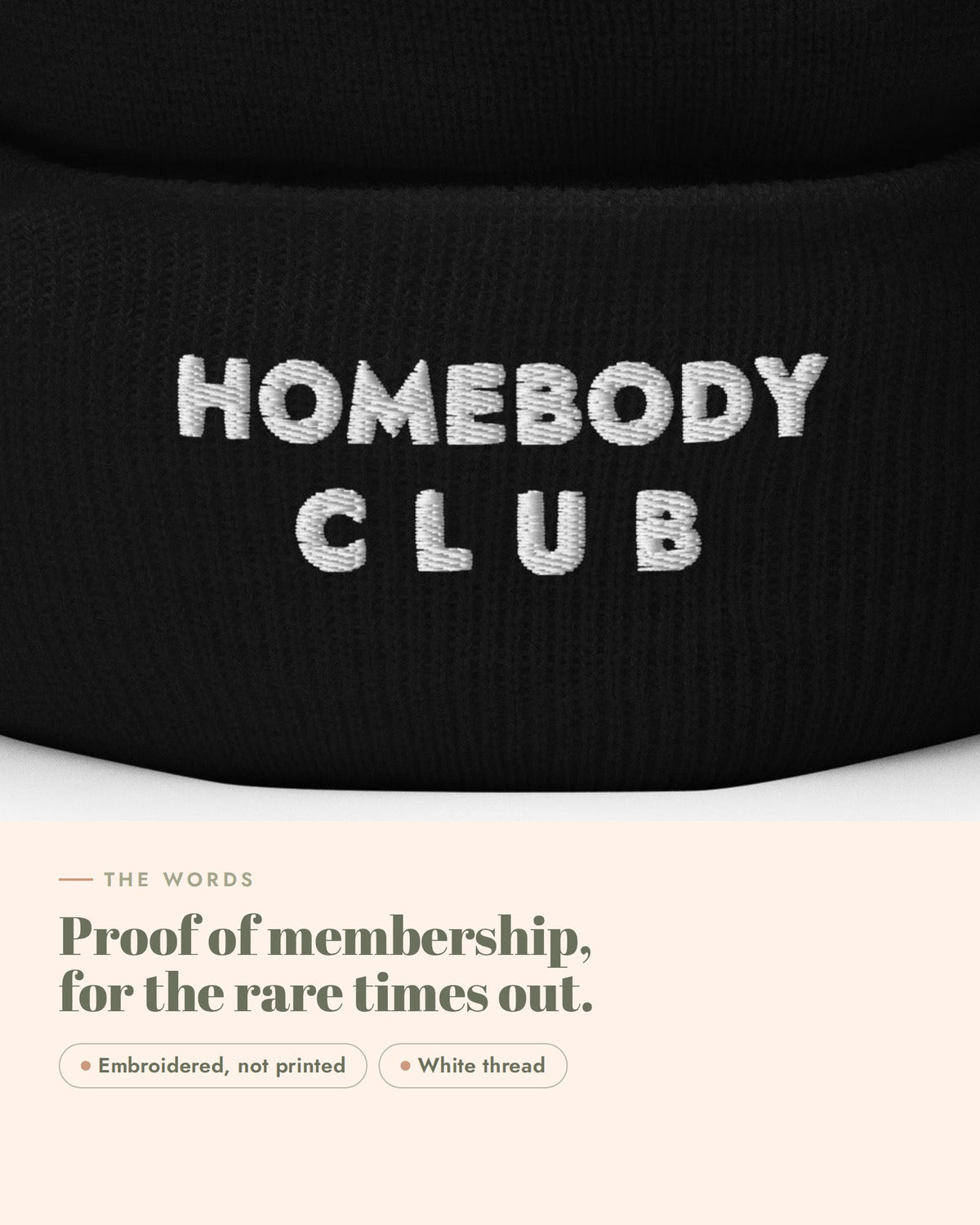 Homebody Club Beanie, the design up close