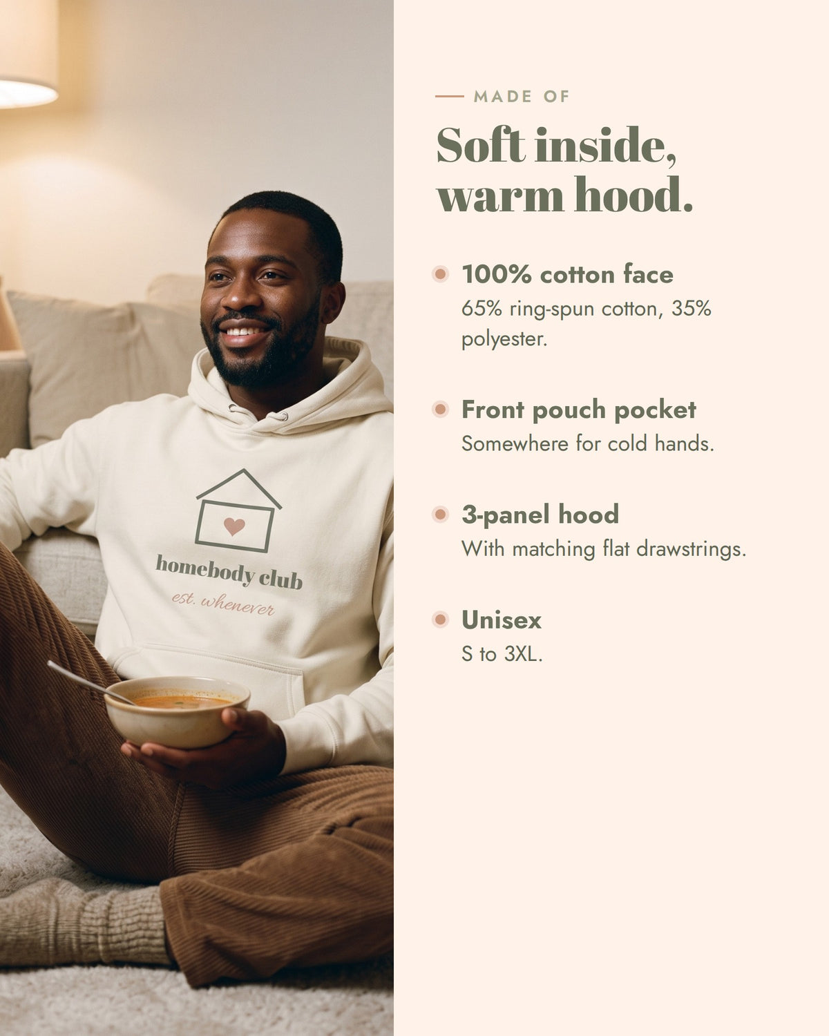 Homebody Club Hoodie, 100% cotton face, 65% ring-spun cotton and 35% polyester, front pouch pocket, 3-panel hood