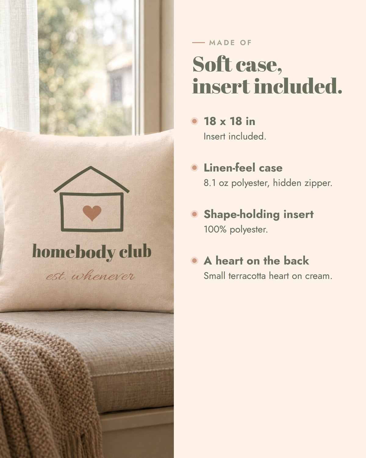 Homebody Club Pillow, 18 x 18 in, linen-feel polyester case with hidden zipper, shape-holding insert included