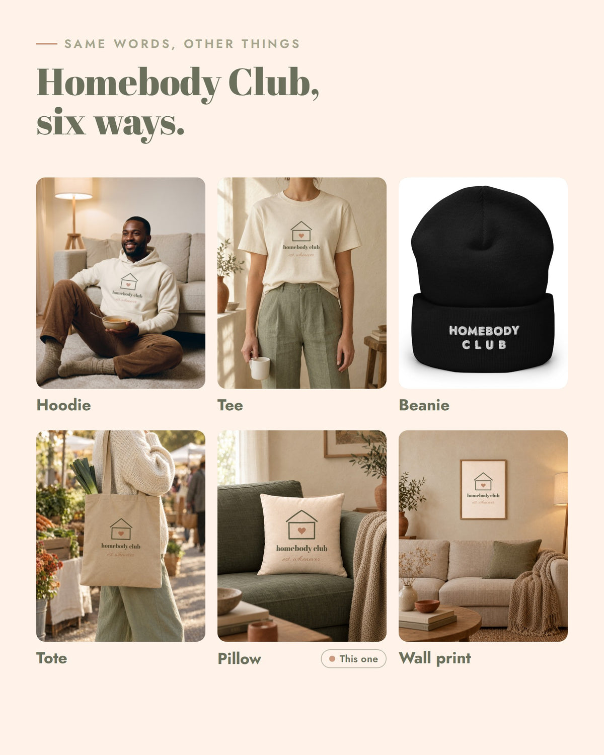 Homebody Club on other things, Hoodie, Tee, Beanie, Tote, Pillow, Wall print