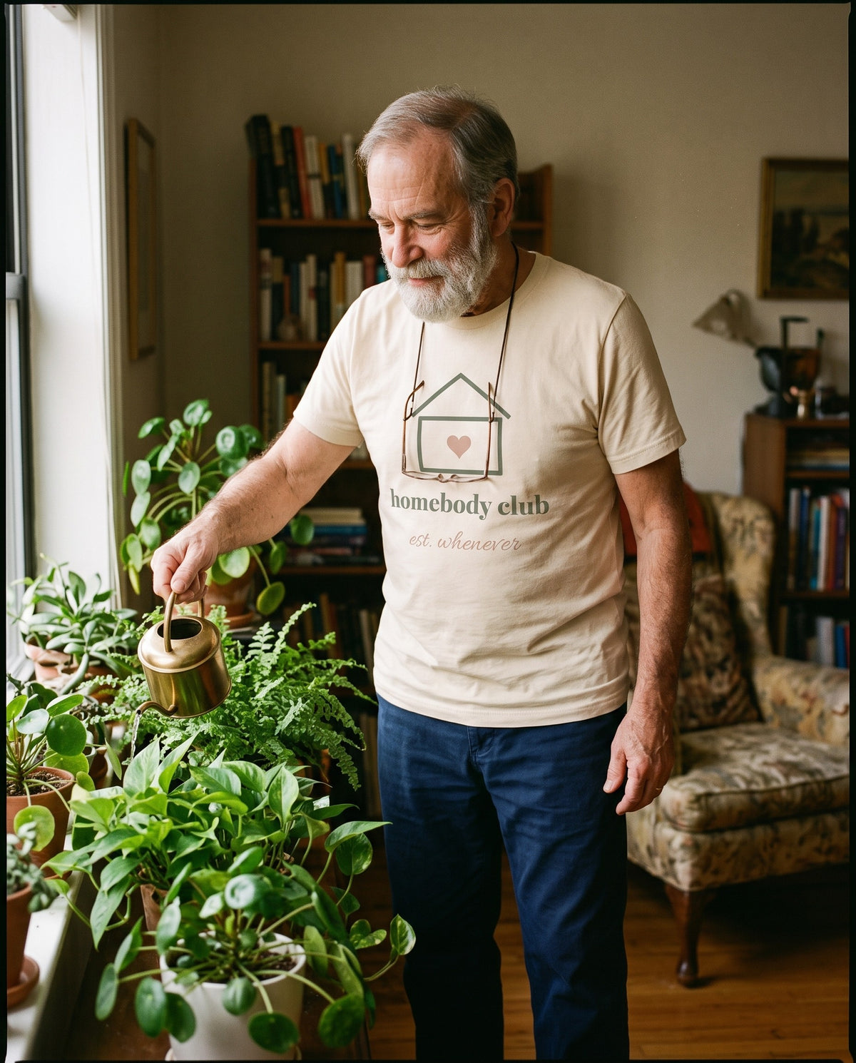 Homebody Club Tee, worn while watering houseplants