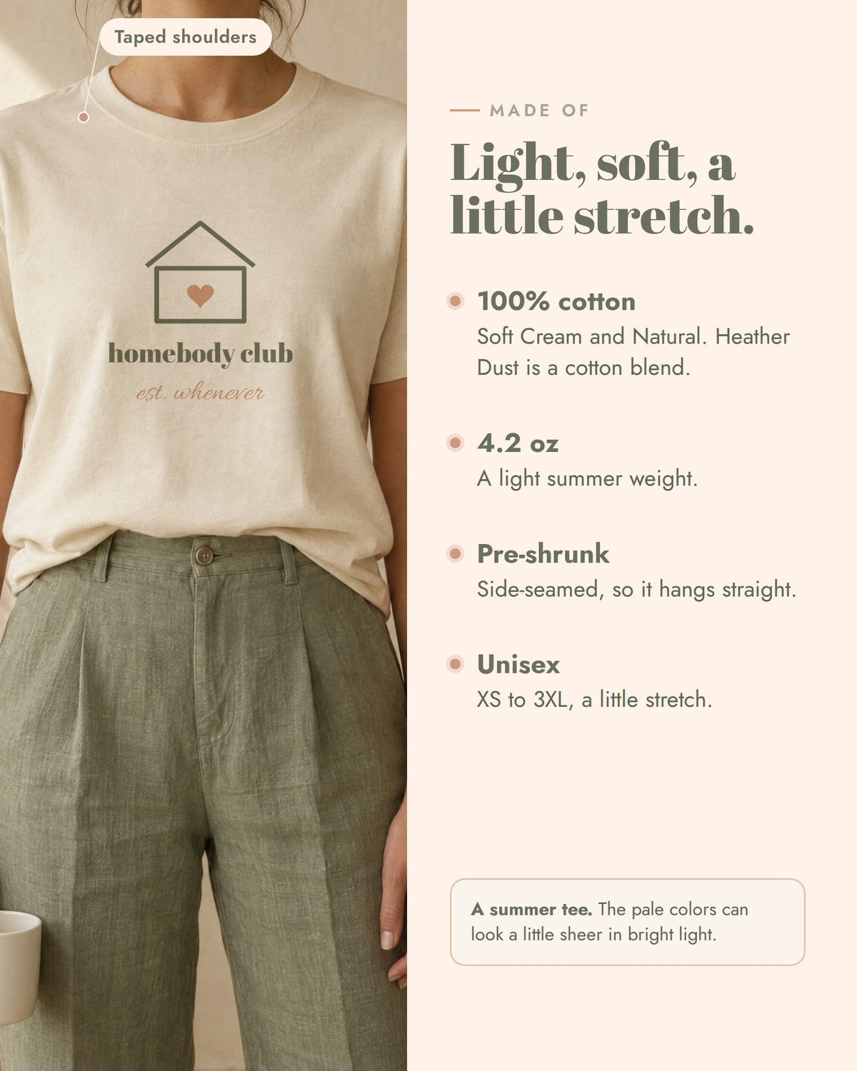 Homebody Club Tee, made of 100% cotton in Soft Cream and Natural, 4.2 oz, pre-shrunk, taped shoulders