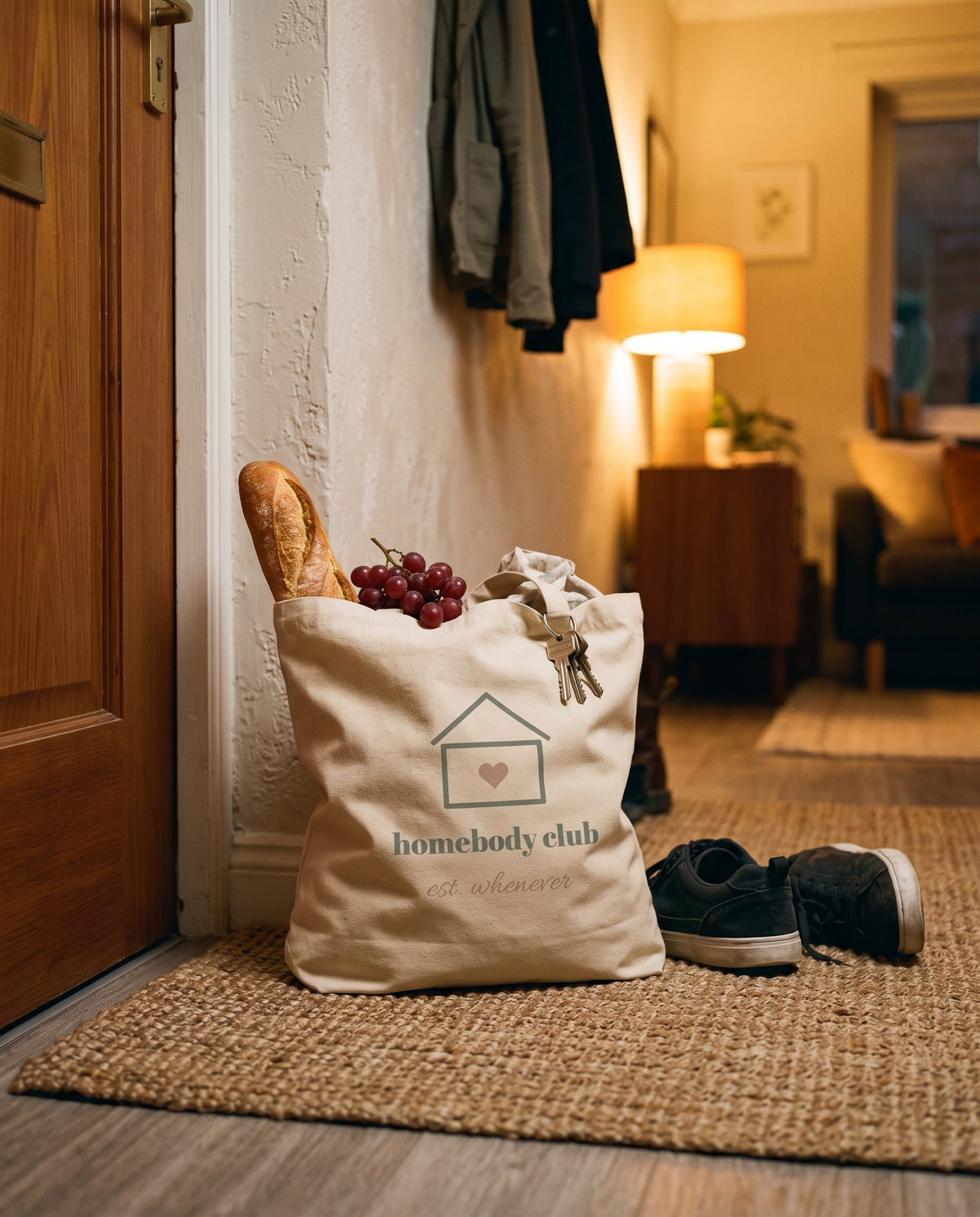 Homebody Club Tote, set down by the front door after shopping