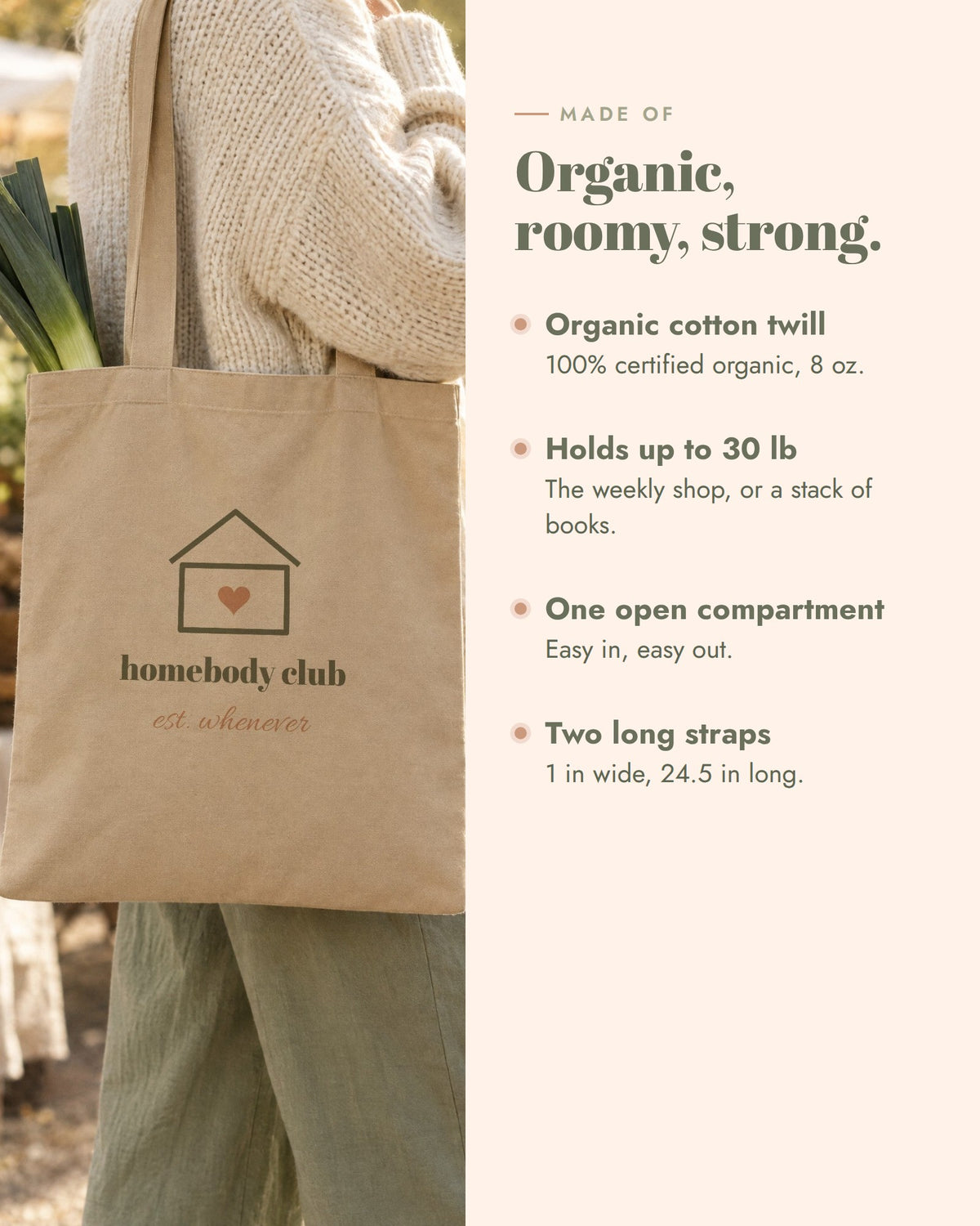 Homebody Club Tote, certified organic cotton twill, 8 oz, 16 x 14.5 x 5 in, holds up to 30 lb