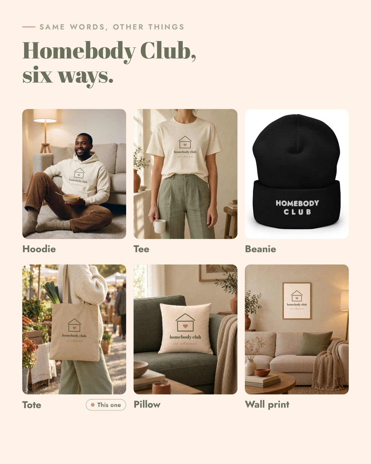 Homebody Club on other things, Hoodie, Tee, Beanie, Tote, Pillow, Wall print