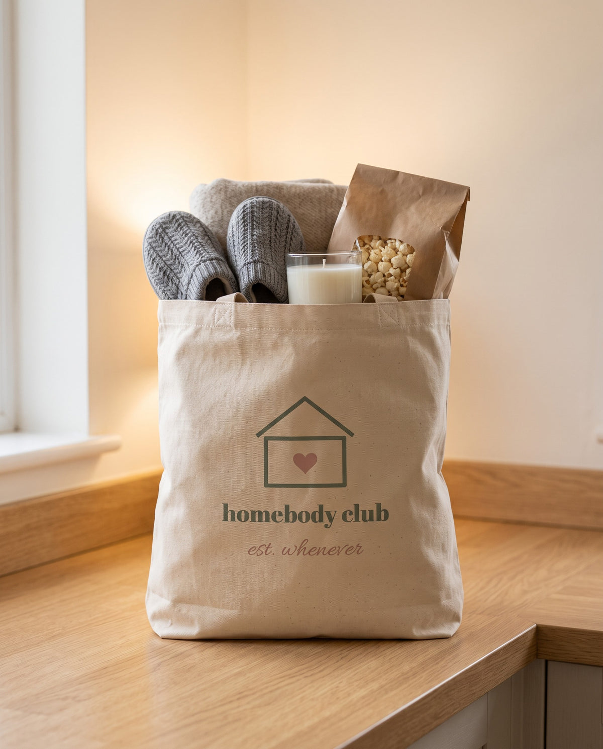 Homebody Club Tote, packed with slippers, a blanket, popcorn and a candle