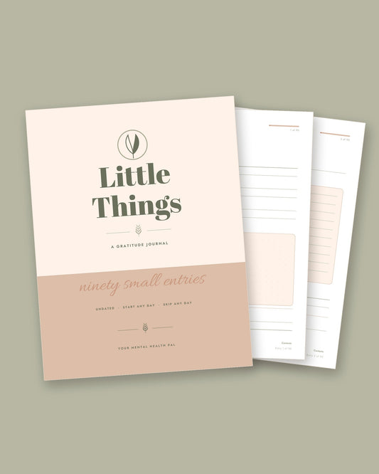 Little Things journal printable, the cover and two inside pages on a sage background