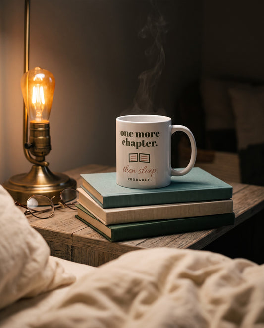 One More Chapter Mug, on a stack of books by a bedside lamp