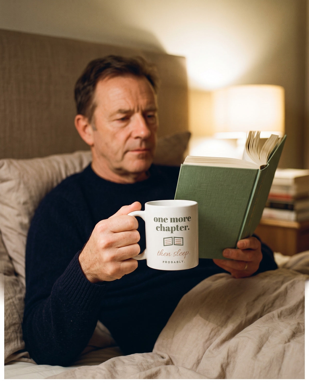 One More Chapter Mug, held while reading in bed