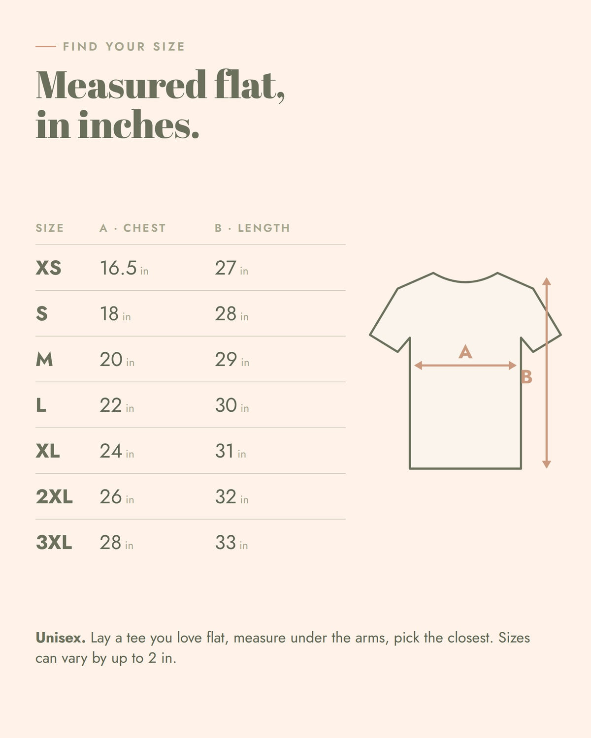 One More Chapter Tee, size guide, chest and length laid flat, XS to 3XL