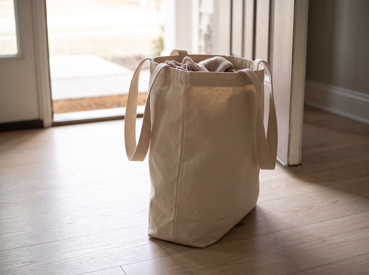 One More Chapter Tote, side view showing the 5 inch flat base and side seam