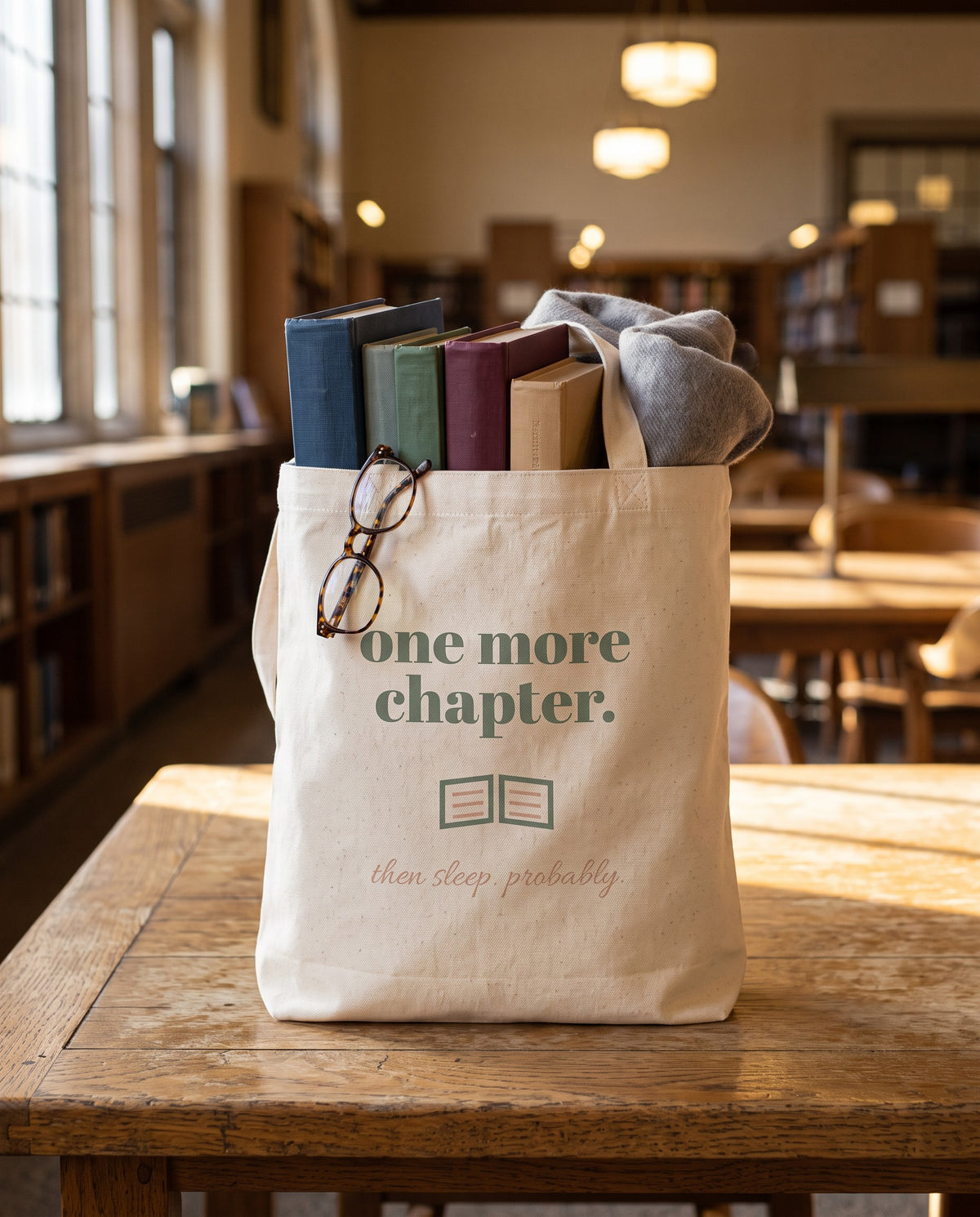 One More Chapter Tote, packed with books, a reading blanket and glasses