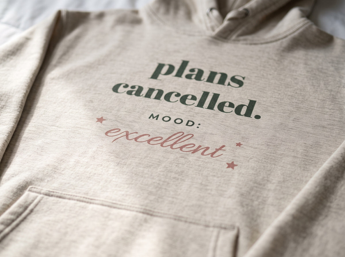 Plans Cancelled Hoodie, the print up close on Oatmeal Heather fleece: plans cancelled. MOOD: excellent, with small stars.