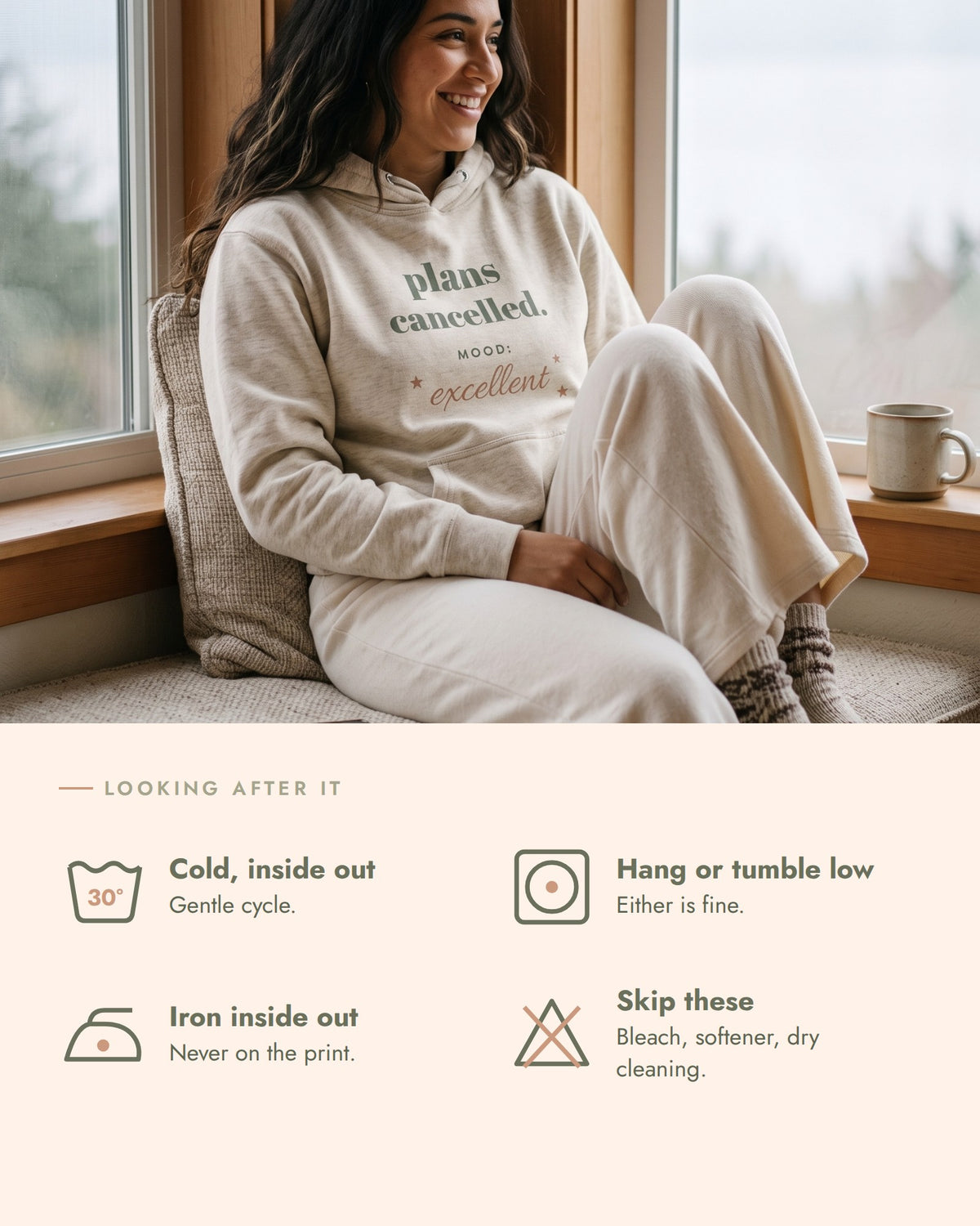 Plans Cancelled Hoodie, care, wash cold inside out, hang dry or tumble low, iron inside out
