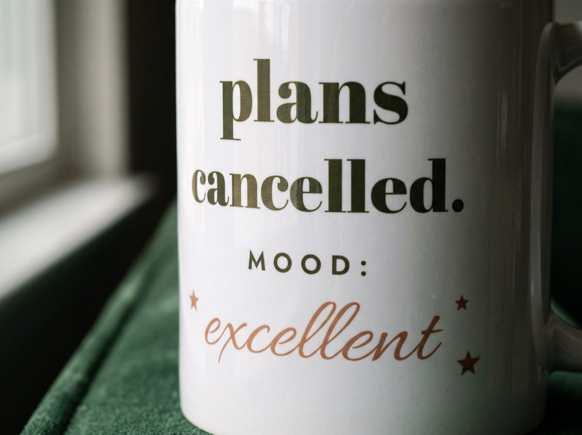 Plans Cancelled Mug, the print up close