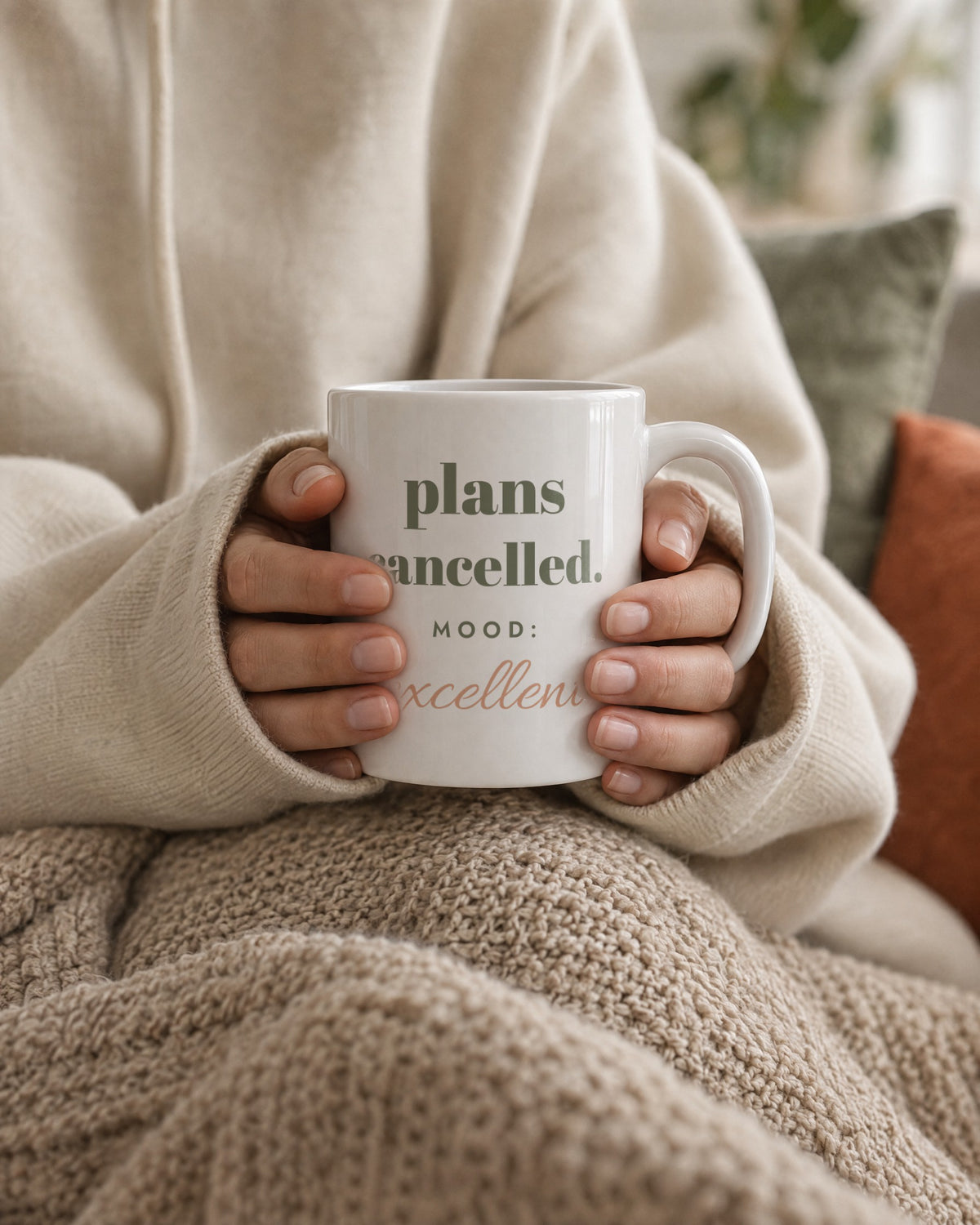 Plans Cancelled Mug, white ceramic 11 oz, held in two hands