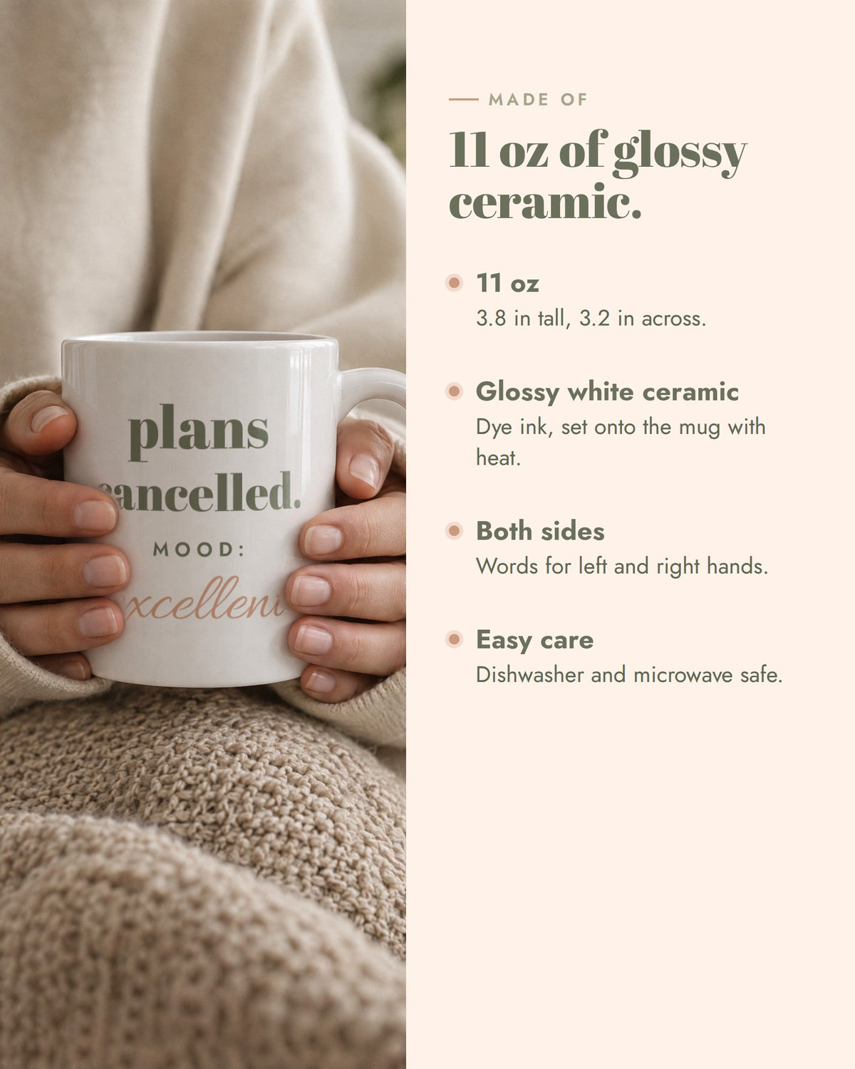 Plans Cancelled Mug, 11 oz glossy white ceramic, 3.8 in tall, 3.2 in across, printed on both sides, dishwasher and microwave safe