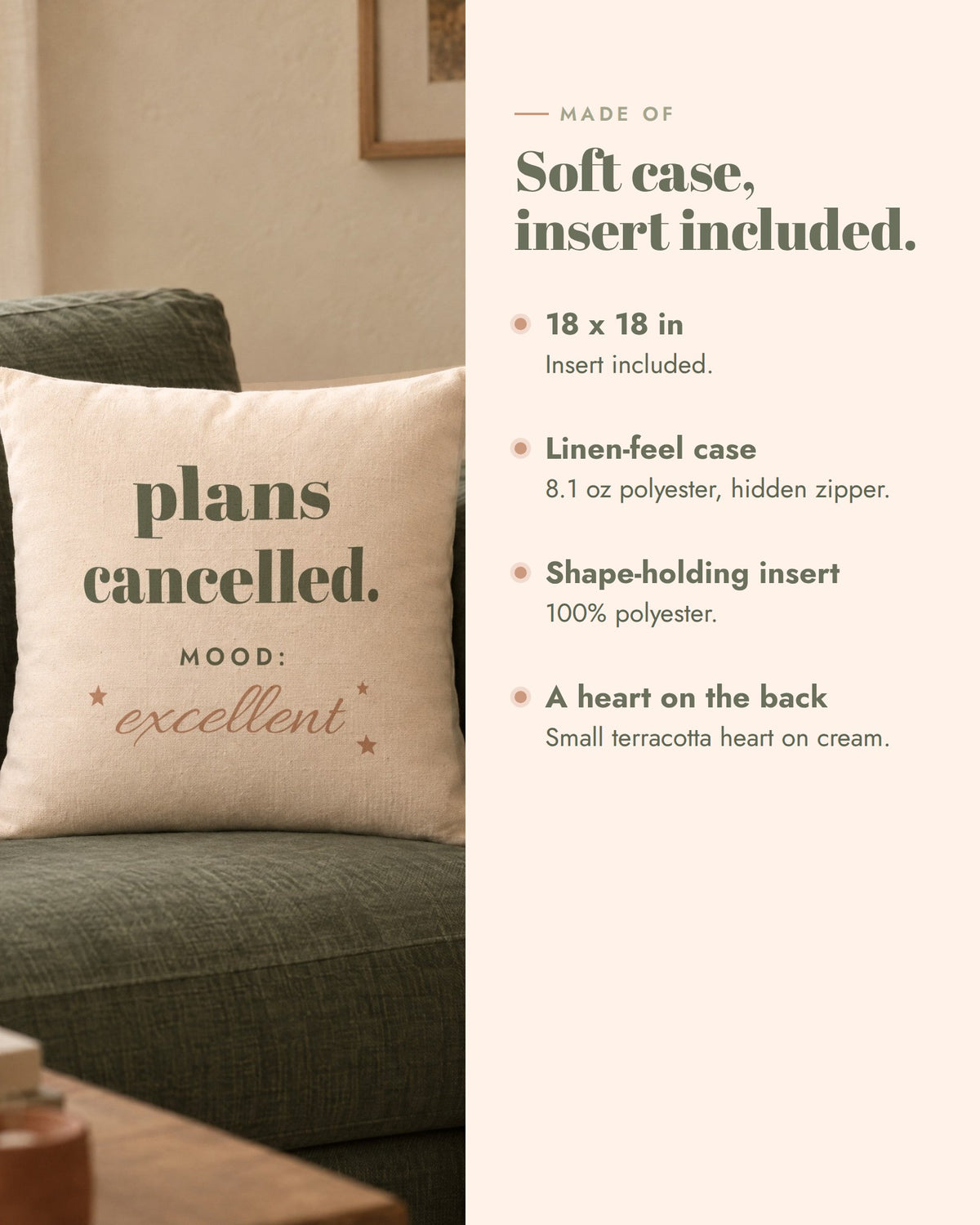 Plans Cancelled Pillow, 18 x 18 in, linen-feel polyester case with hidden zipper, shape-holding insert included