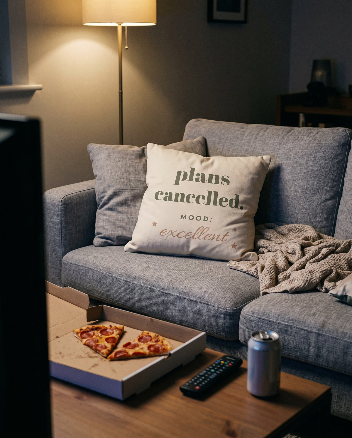 Plans Cancelled Pillow, on the sofa on a pizza night in