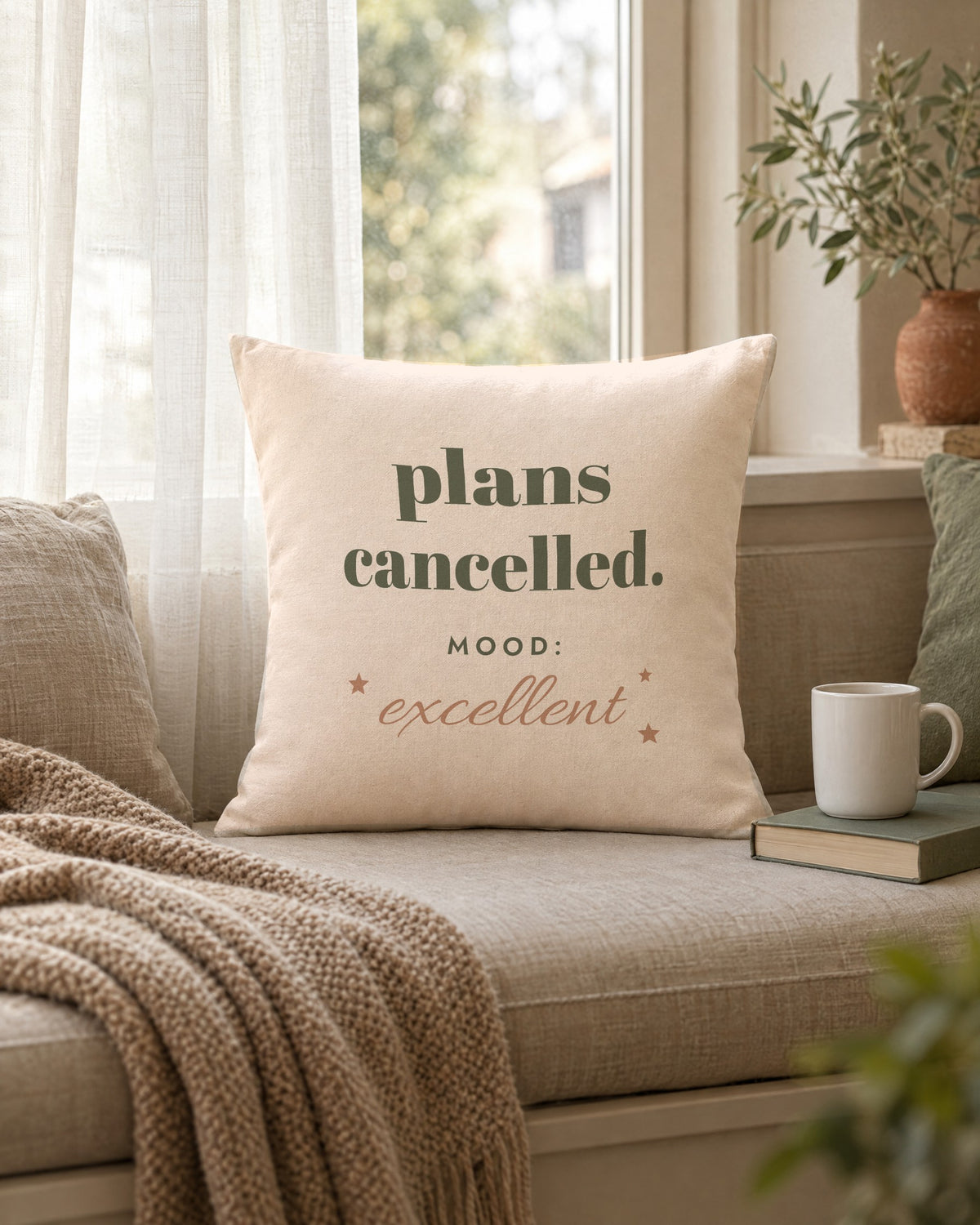 Plans Cancelled Pillow, 18 x 18 in, propped on a window seat