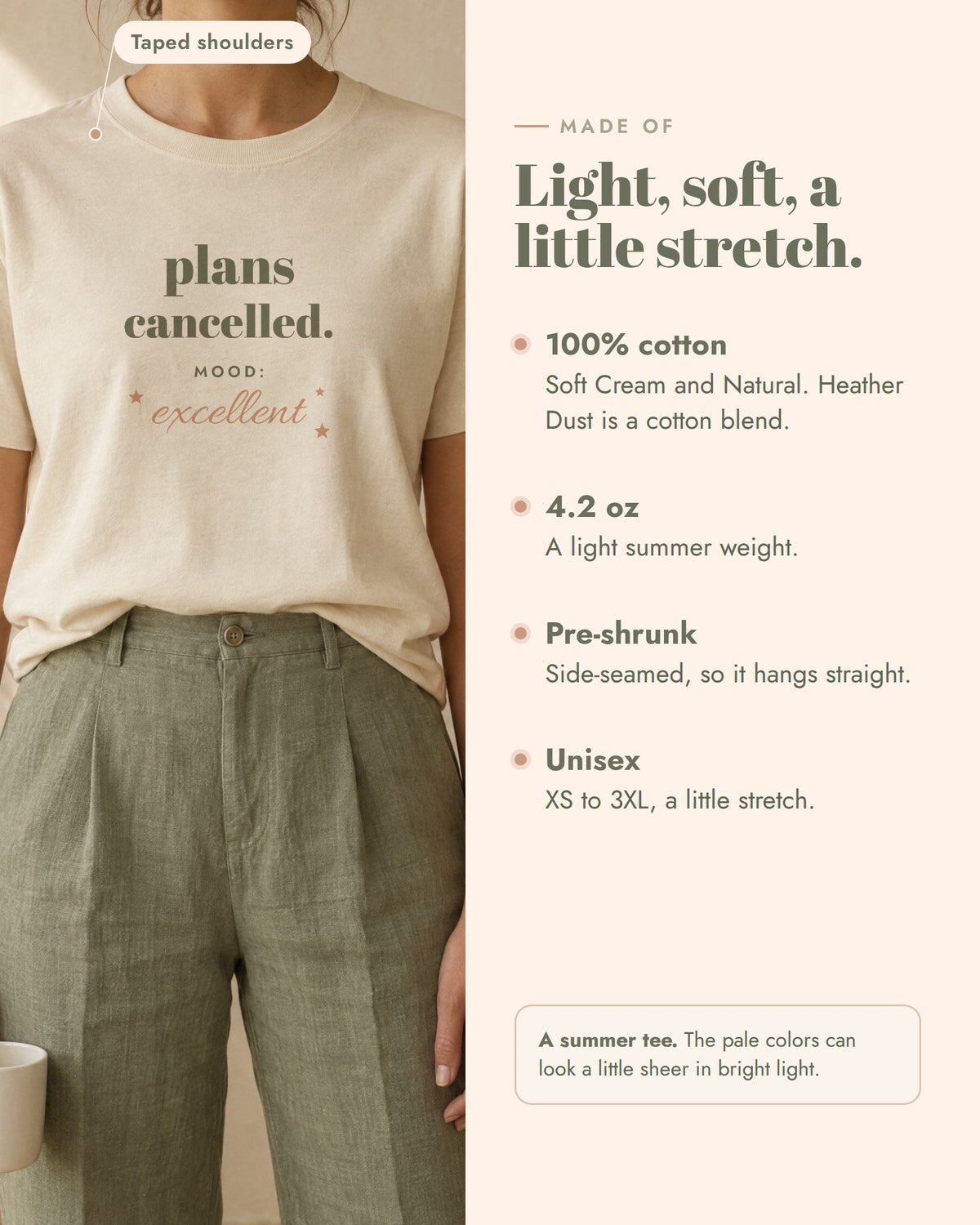Plans Cancelled Tee, made of 100% cotton in Soft Cream and Natural, 4.2 oz, pre-shrunk, taped shoulders