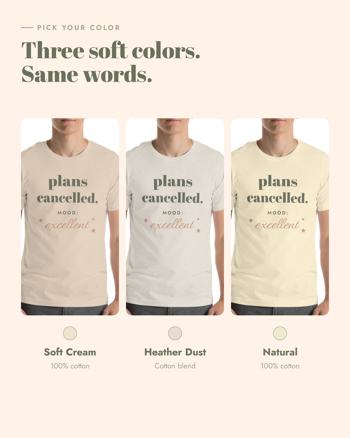 Plans Cancelled Tee, three colors, Soft Cream, Heather Dust and Natural
