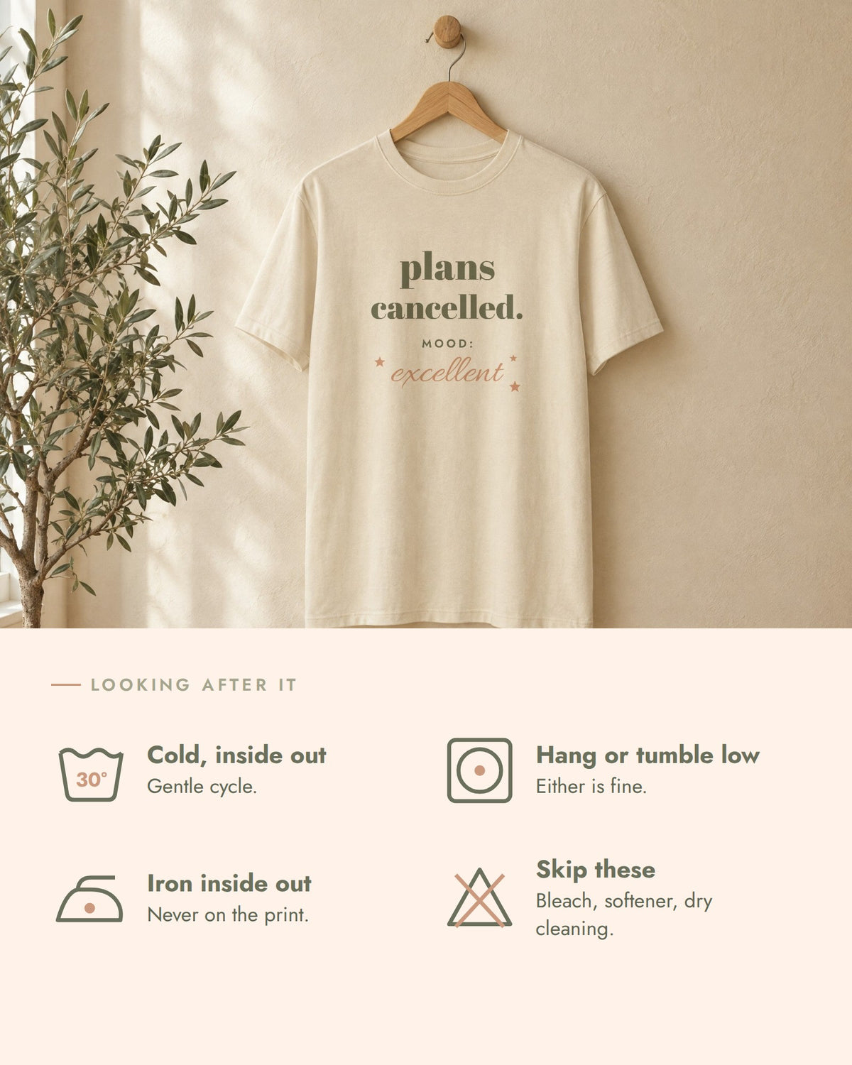 Plans Cancelled Tee, care guide, wash cold inside out, hang dry or tumble low, iron inside out