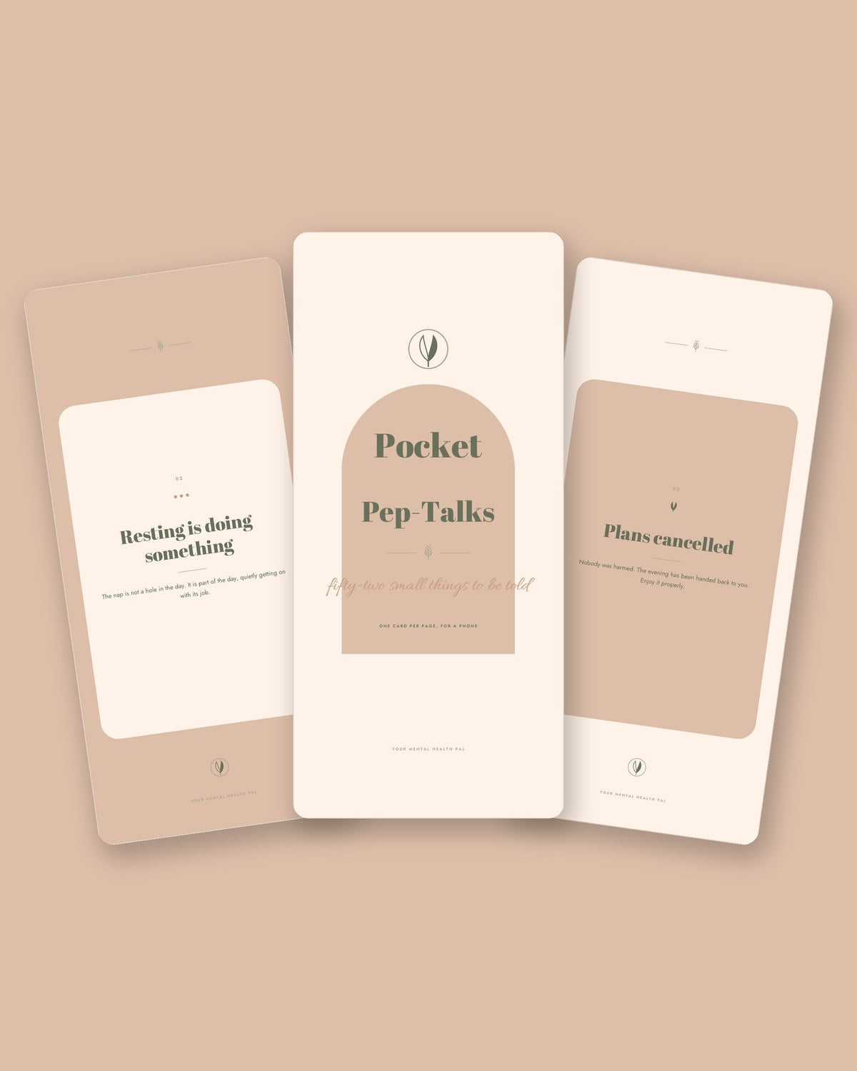 Pocket Pep-Talks printable cards, three phone-size cards on a sand background