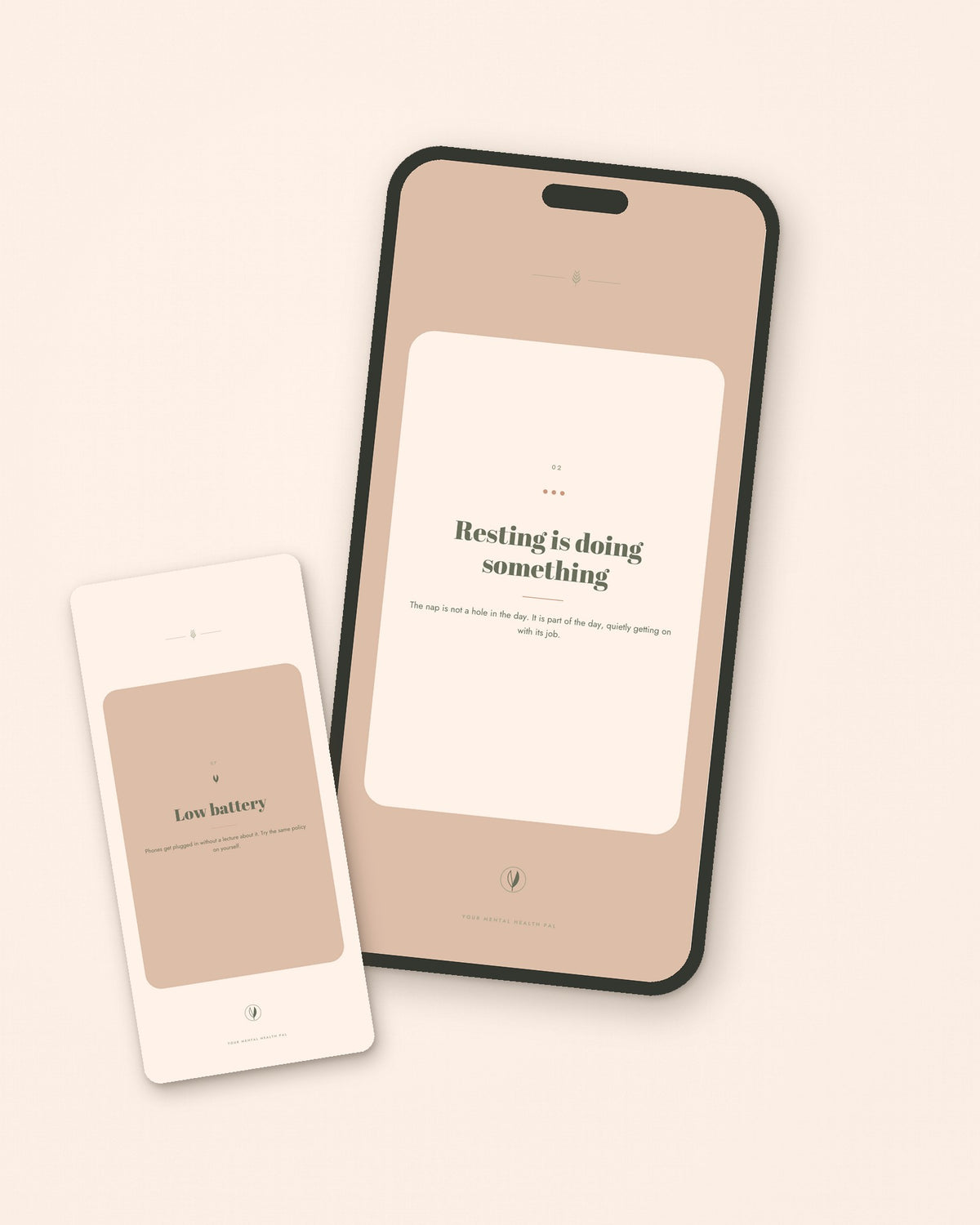 A card that reads Resting is doing something open on a phone, next to a printed Low battery card