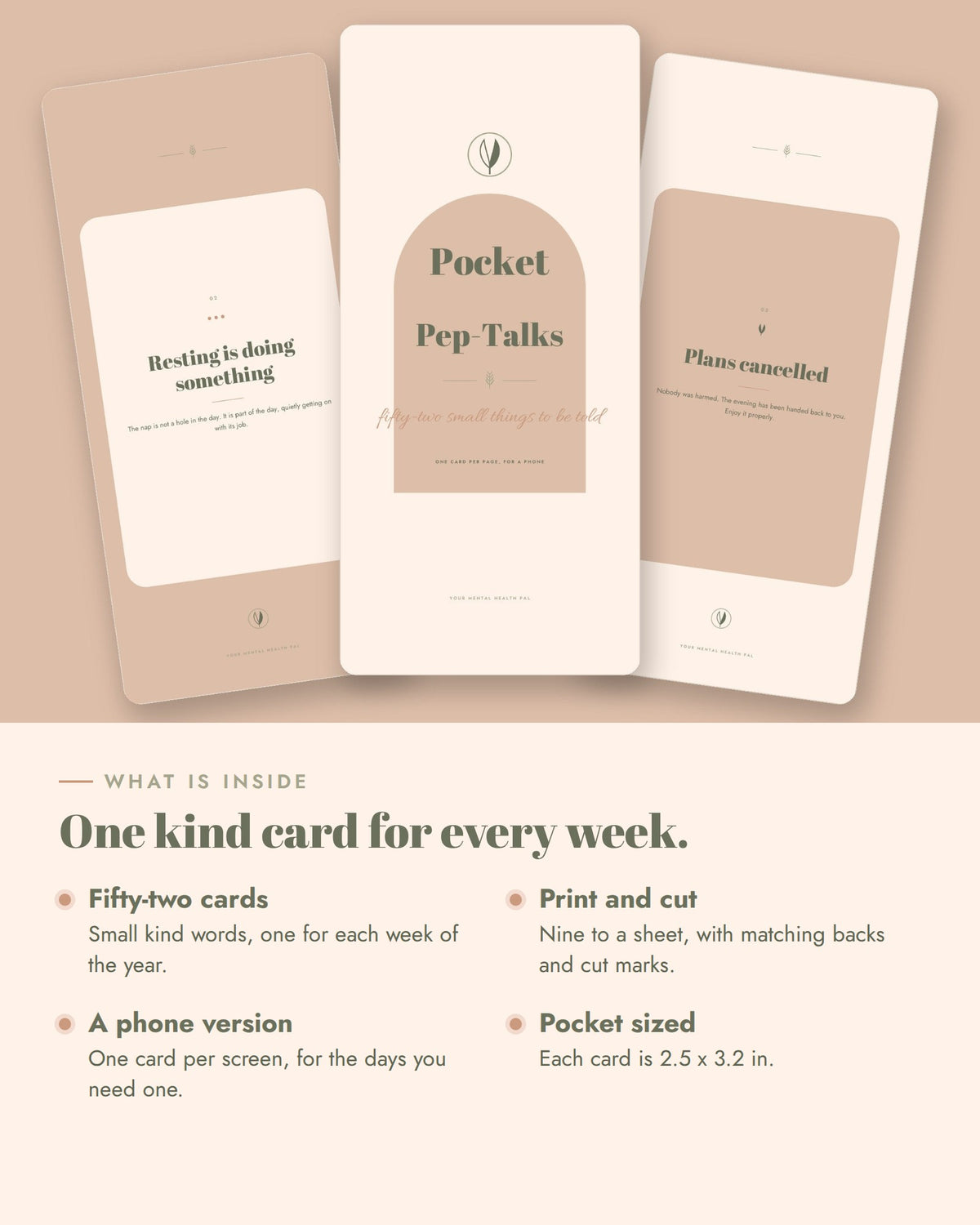Pocket Pep-Talk Cards, what is inside: fifty-two cards, nine to a printable sheet with backs and cut marks, and a phone version